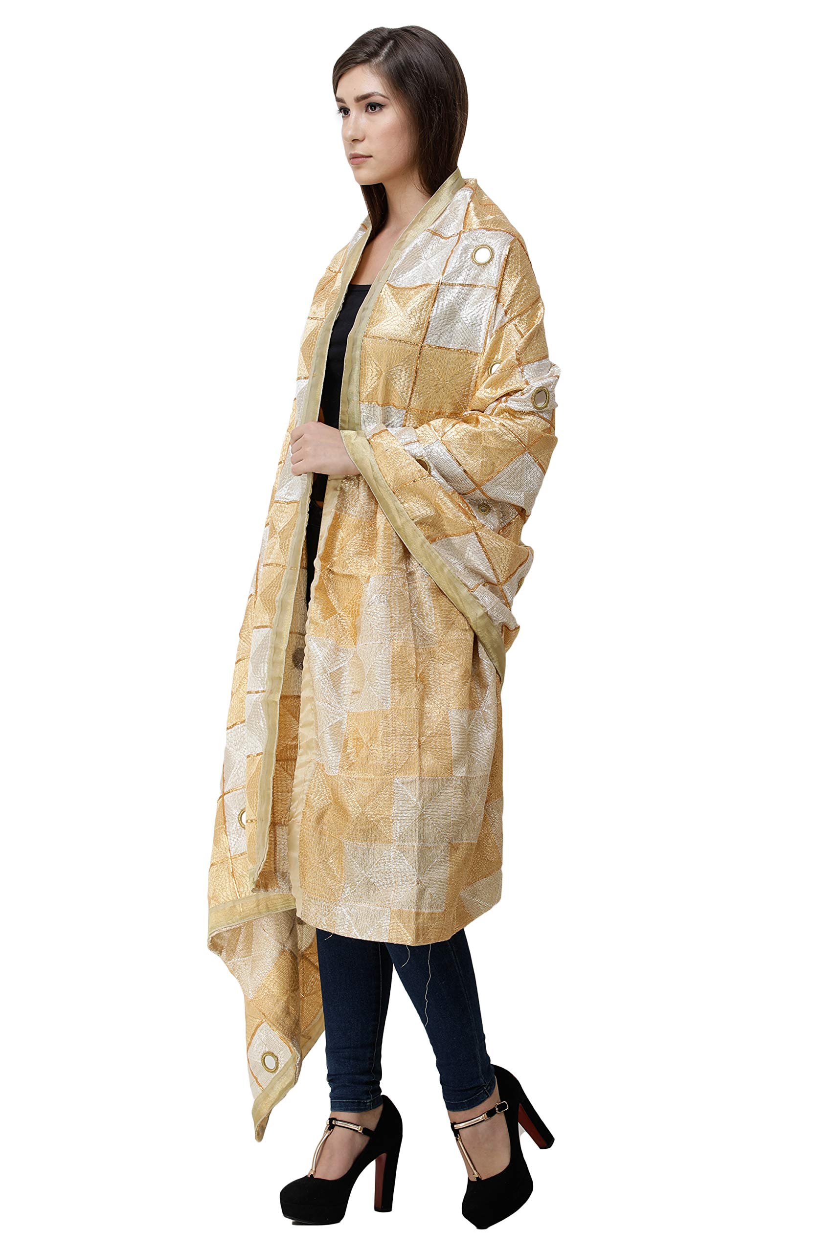 Exotic Indian Phulkari Dupatta from Punjab - Hand Embroidered Art Silk Scarf with Mirror Work for Women | Perfect for Weddings, Festivals & Ethnic Outfits