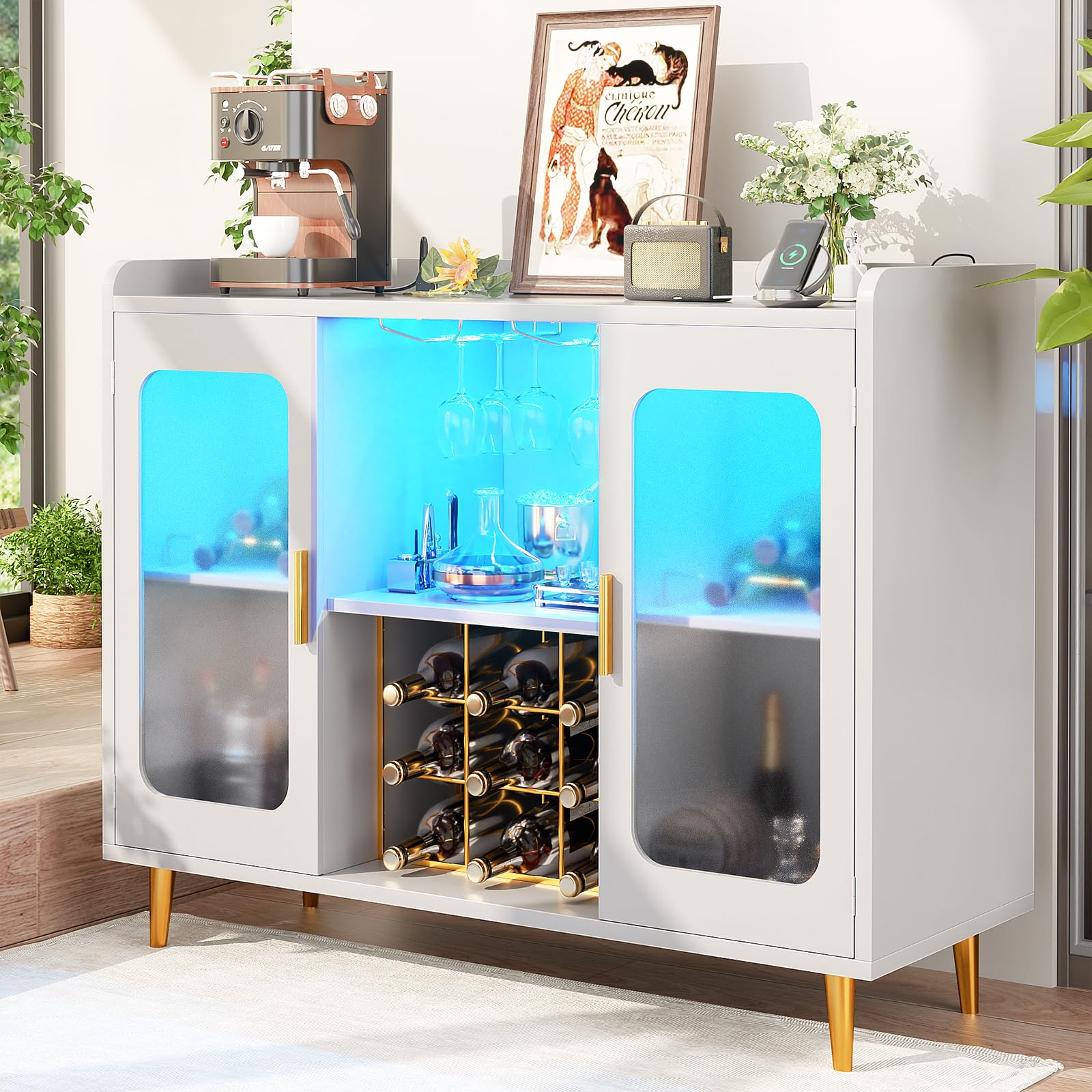 White Wine Bar Cabinet with Power Outlet & LED Lights - Modern Liquor Storage with Glass Holder & Storage Shelves - Perfect for Home Coffee Bar, Kitchen Buffet or Dining Room Sideboard - Ideal for Entertaining, Wine Tasting & Small Space Storage Solutions