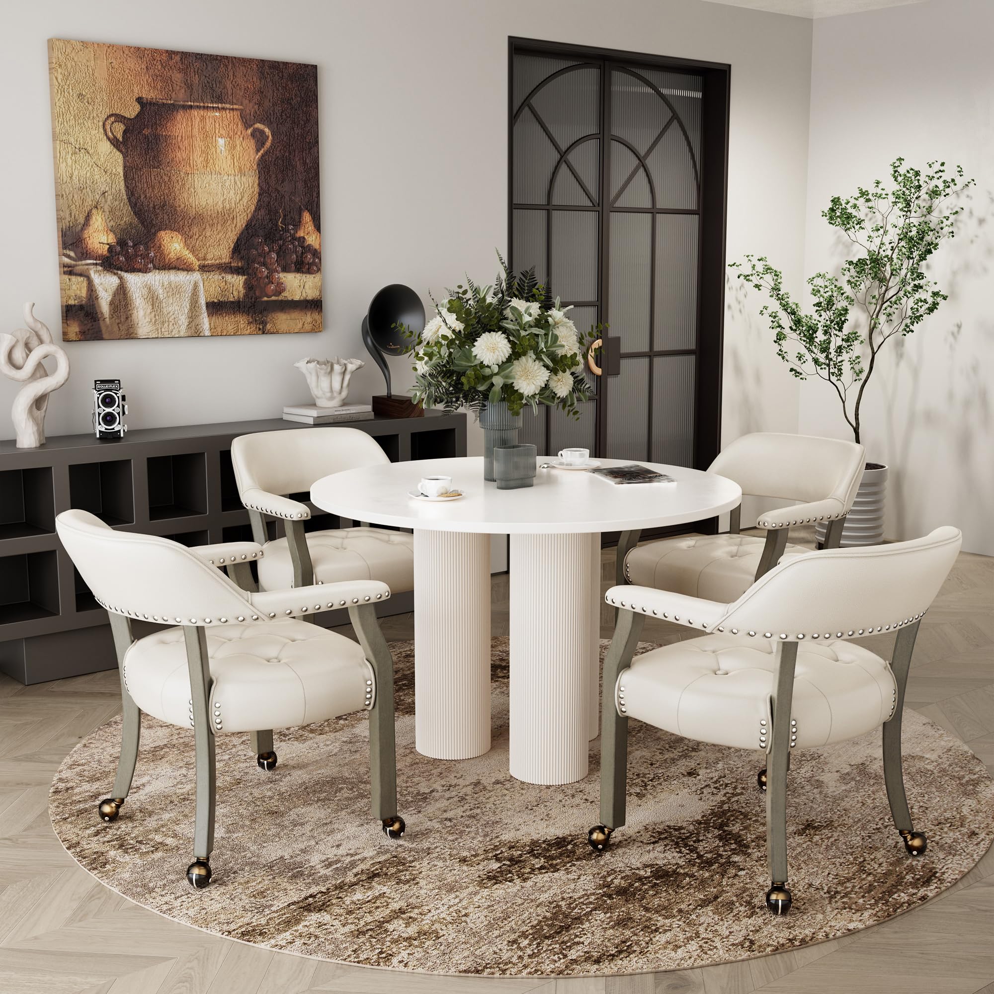 4-Pack Rolling Dining Chairs with Casters - Curved Backrest Captain's Chairs with Smooth Rollers for Kitchen, Office & Game Room - Antique Grey & Ivory White - Perfect for Dining, Poker Nights & Home Office Use