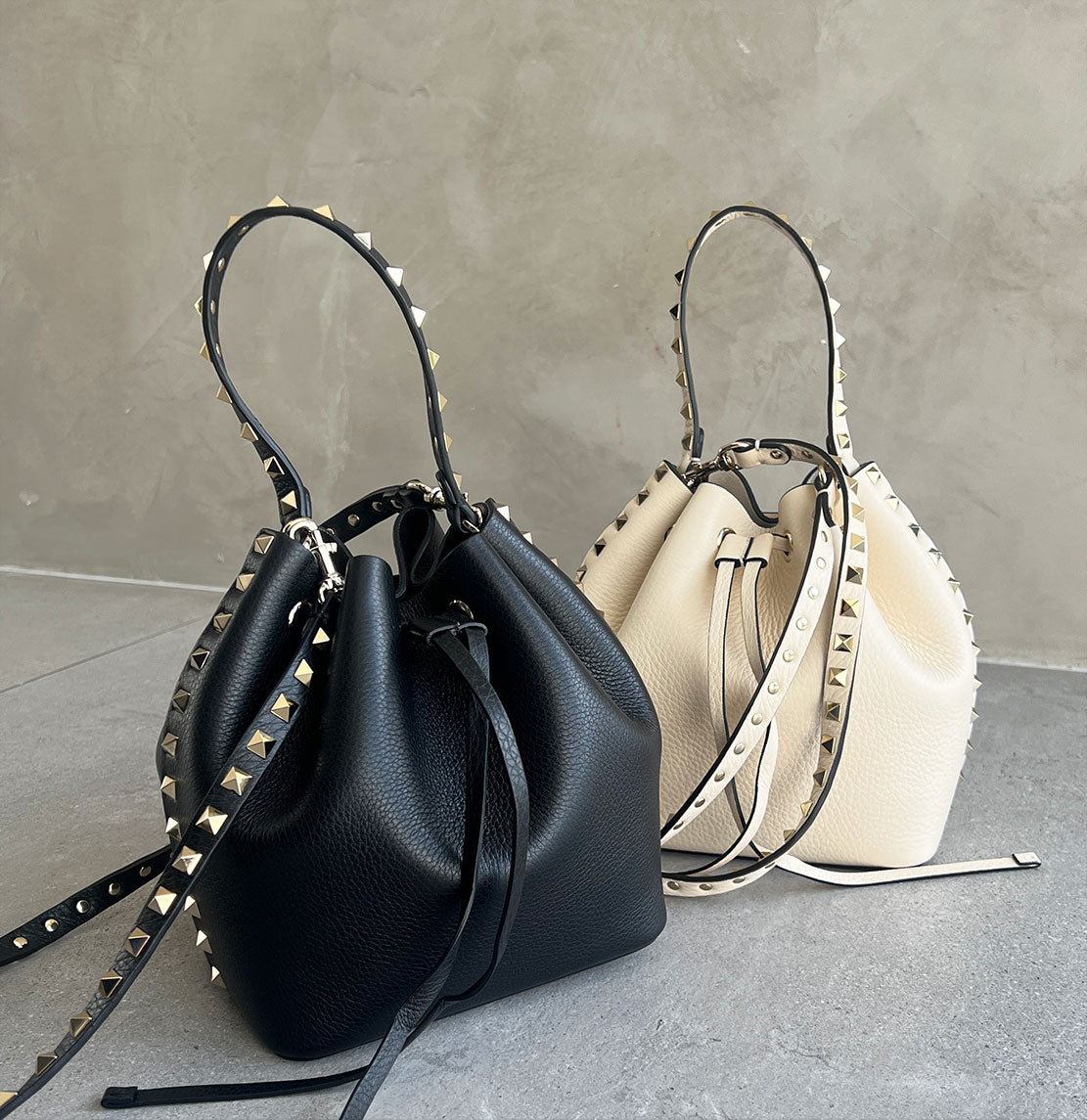 Valentino Rockstud Leather Bucket Bag in Ivory - Elegant Shoulder Bag for Women | Perfect for Date Night, Parties & Everyday Use