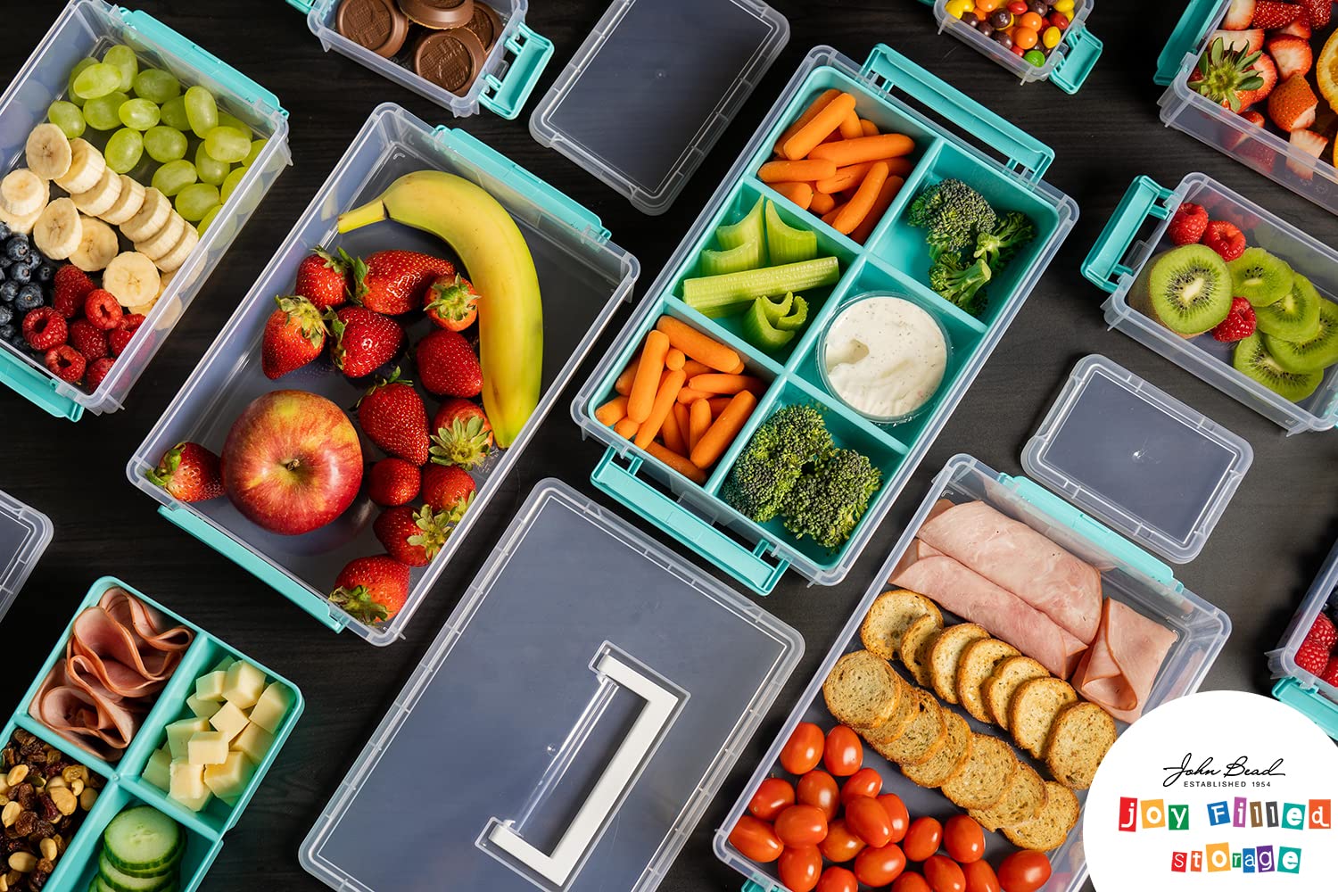 Joy Filled Storage - 2 Clear Stackable Food Storage Containers with Lids (5.5x4x2 Inches) - Turquoise Trim for Crafts, Kitchen Organization & Home Decor | Perfect for Baking Supplies, Office Desk & Craft Room Storage