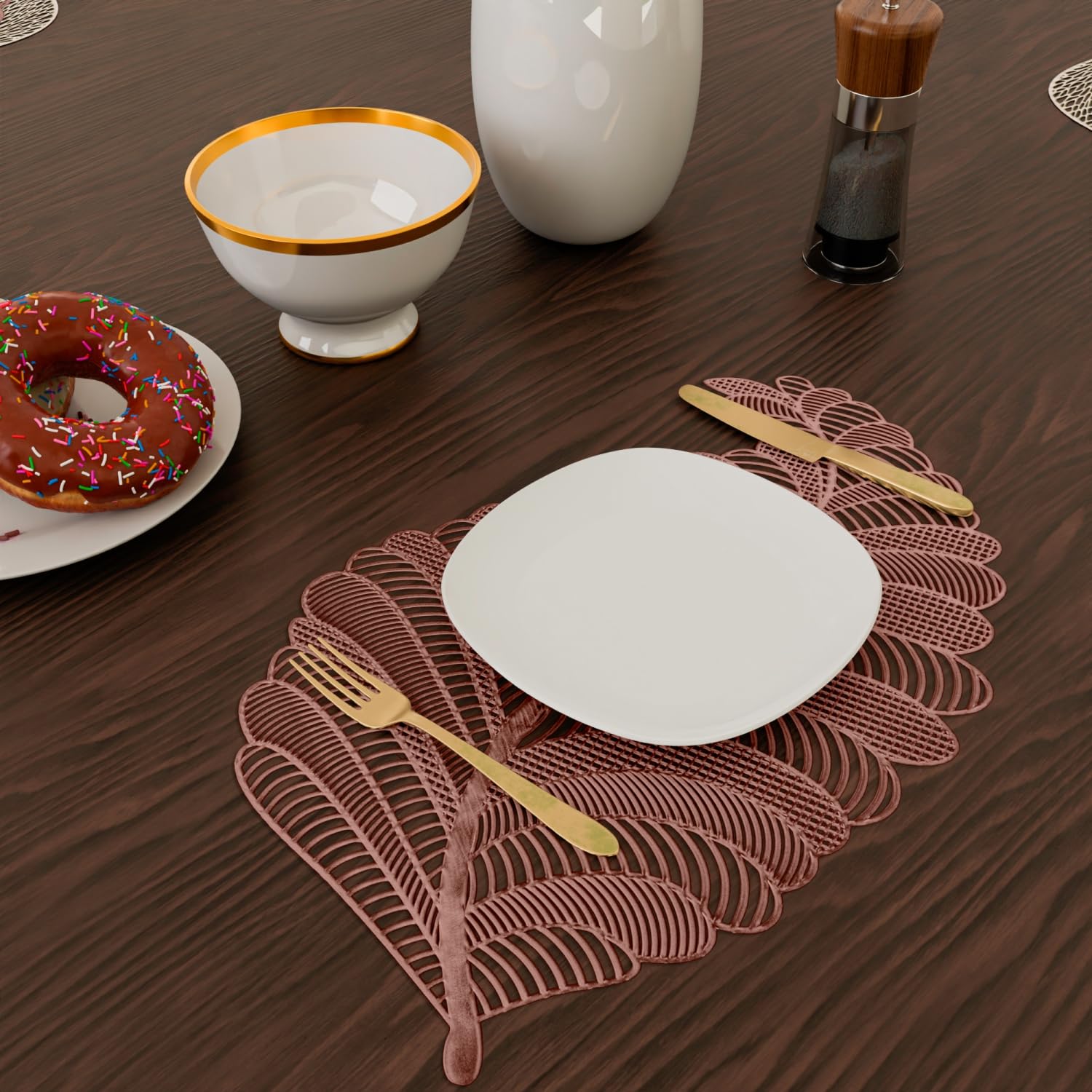 Kuber Industries Leather Side Table Mats Set of 2 - Leaf Shaped Copper Table Runner for Bedroom, Dining & Center Table Decor | Waterproof & Heat Resistant for Daily Use, Home Styling & Gift Giving