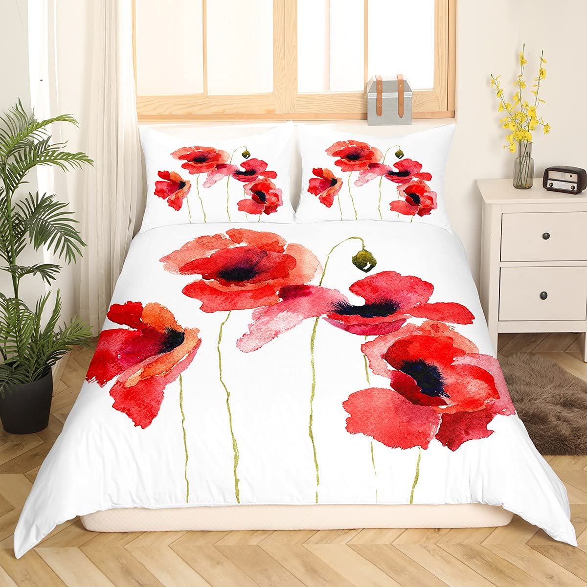 Feelyou Watercolor Poppies Wildflowers Comforter Cover Set - Twin Size Duvet Cover & Pillowcase, Nature Meadow Painted Bedding in Orange Red Green Brown White with Zip Closure - Perfect for Bohemian Bedroom Decor & Guest Room Styling