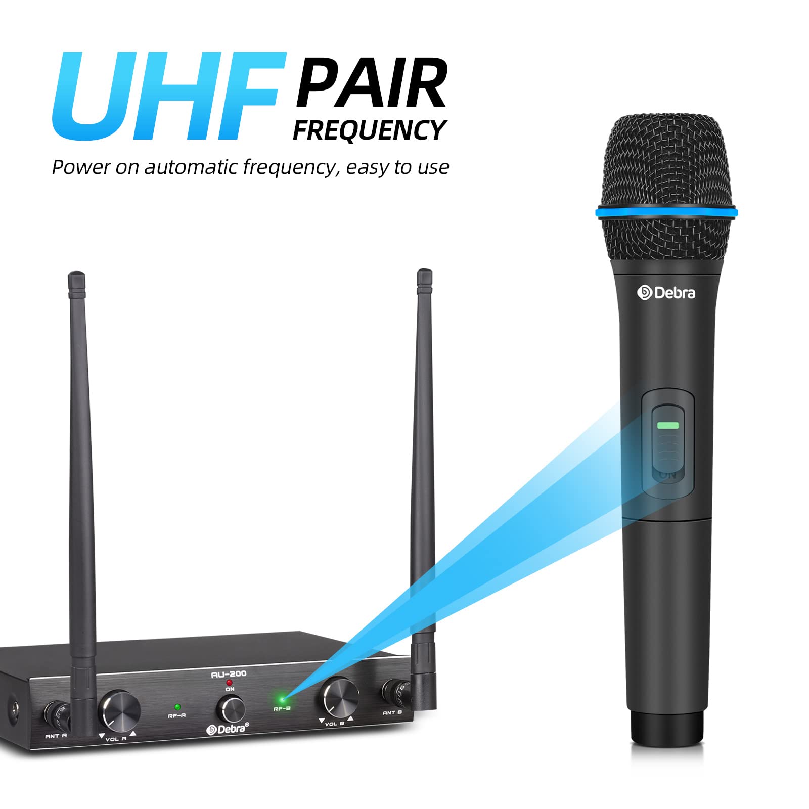 Debra Audio AU200 Pro UHF 2 Channel Wireless Microphone System - Dual Cordless Handheld & Lavalier Headset Mics with Metal Receiver - Ideal for Karaoke, Church Events, Parties & Live Performances