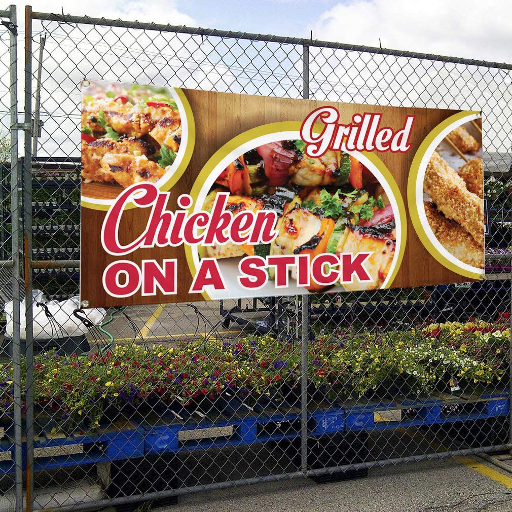 Vinyl Banner - 48x96 Inches Weatherproof Outdoor Sign with 8 Grommets | Durable Restaurant, Cafe & Food Advertising | Perfect for Grilled Chicken on a Stick Promotion, Yard Signs & Industrial Use
