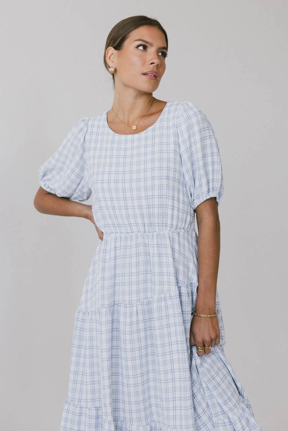 Melina Blue Plaid Midi Dress for Women | Elegant Floral Print A-Line Skirt | Perfect for Office, Party & Date Night Outfits