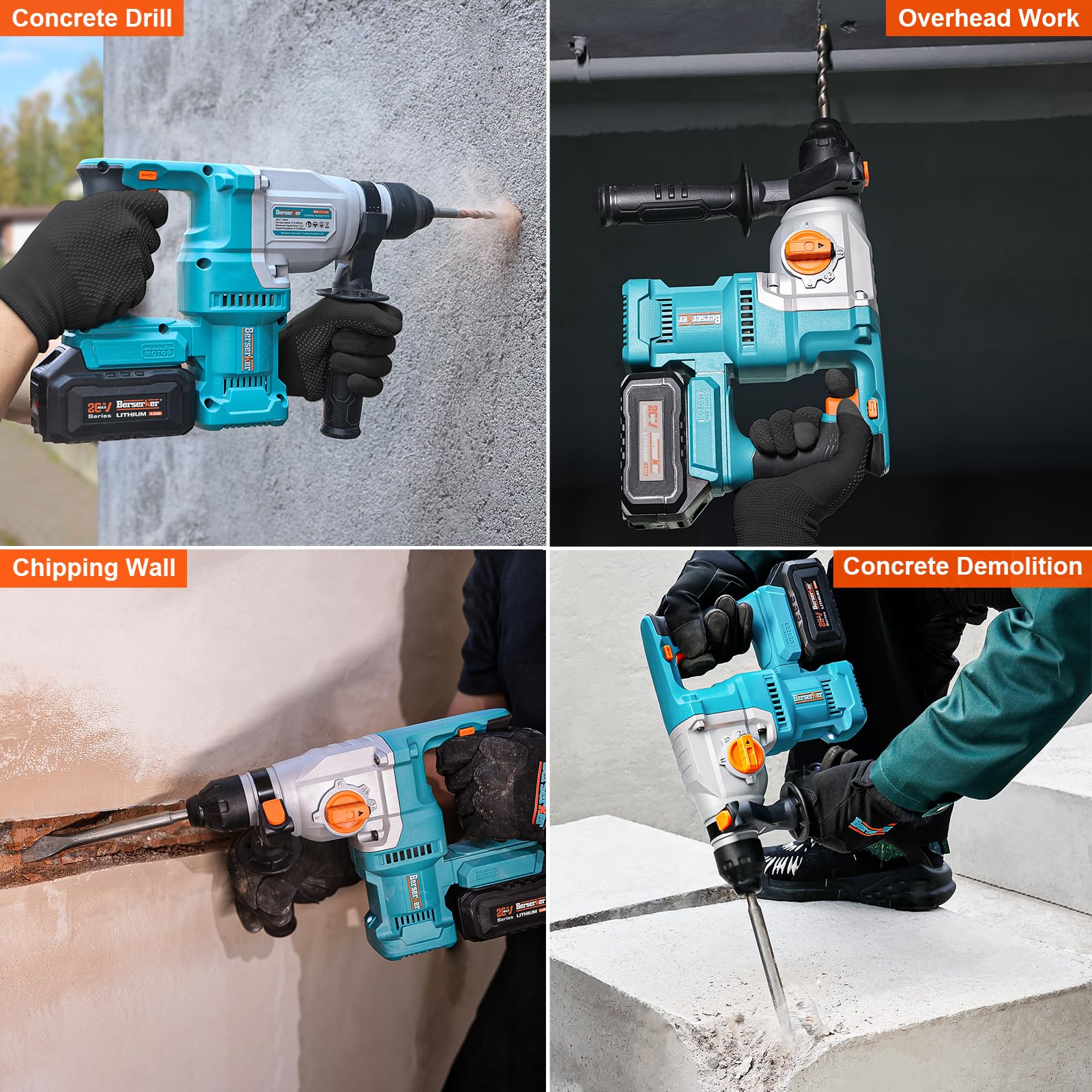 Berserker 20V Cordless Rotary Hammer Drill with SDS-Plus - 1-1/8 Inch, Brushless Motor, 2X4.0Ah Li-ion Batteries, Dual Kickback Control, 3.0A Fast Charger, 4-Speed Variable - Perfect for Concrete Drilling, Masonry Work, and Home Renovation Projects