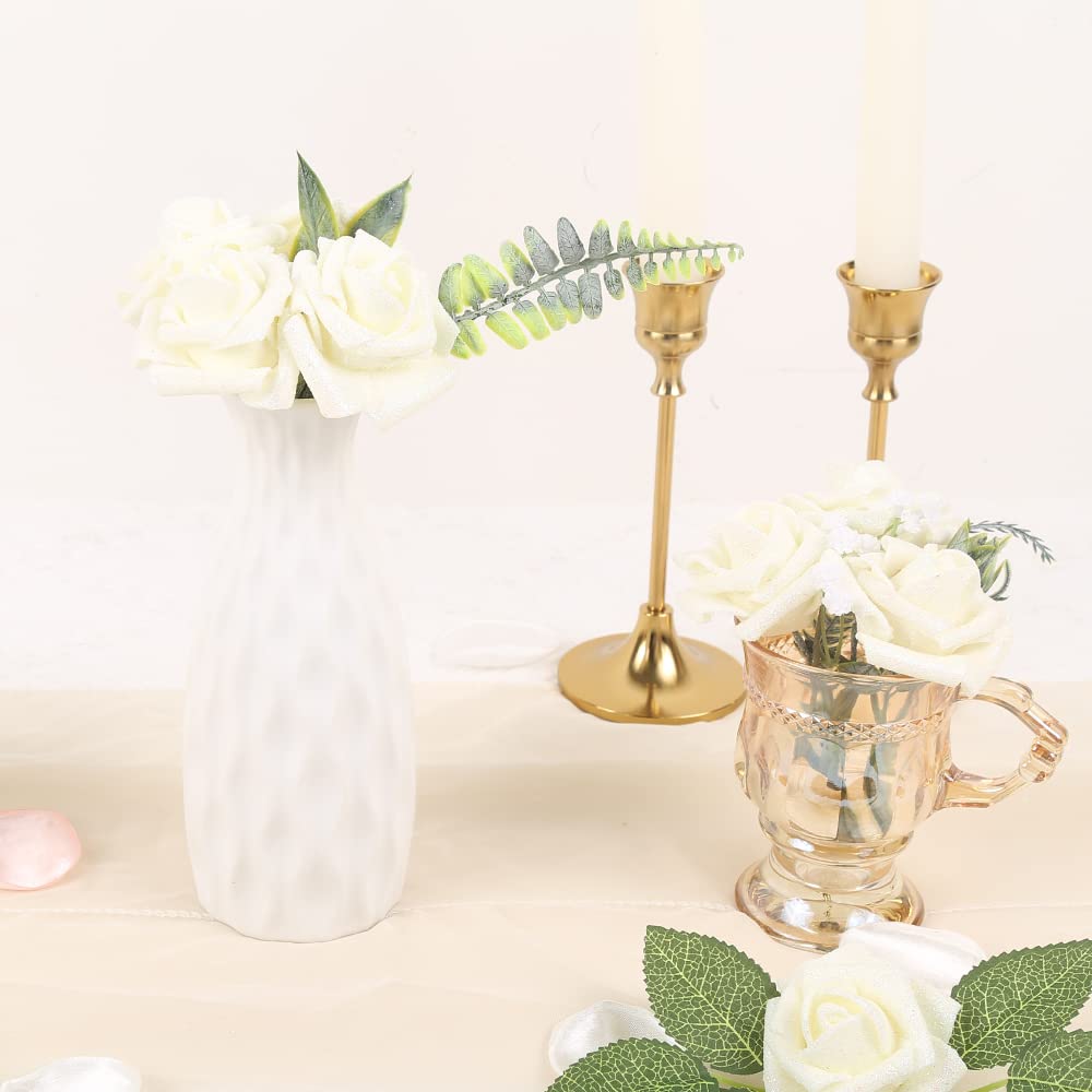 25pcs IPOPU Glitter Foam Roses with Stems - DIY Wedding Bouquet, Bridal Shower, Home Party Decorations (Ivory) - Perfect for Centerpieces, Table Arrangements & Craft Projects