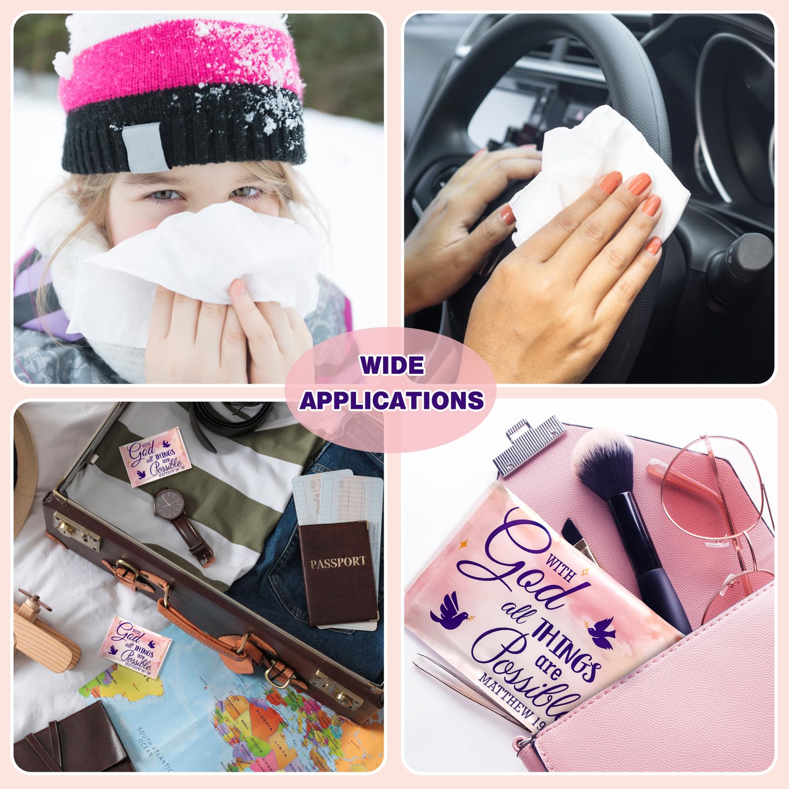 Sinmoe 60 Pack Pocket Tissues - Travel Size Facial Tissues 3 Ply, Mini Tissue Packs for Guests, Wedding, Christmas, Graduation Gifts - Perfect for Breast Cancer Awareness, Church Events & On-the-Go Use (Bird Design)
