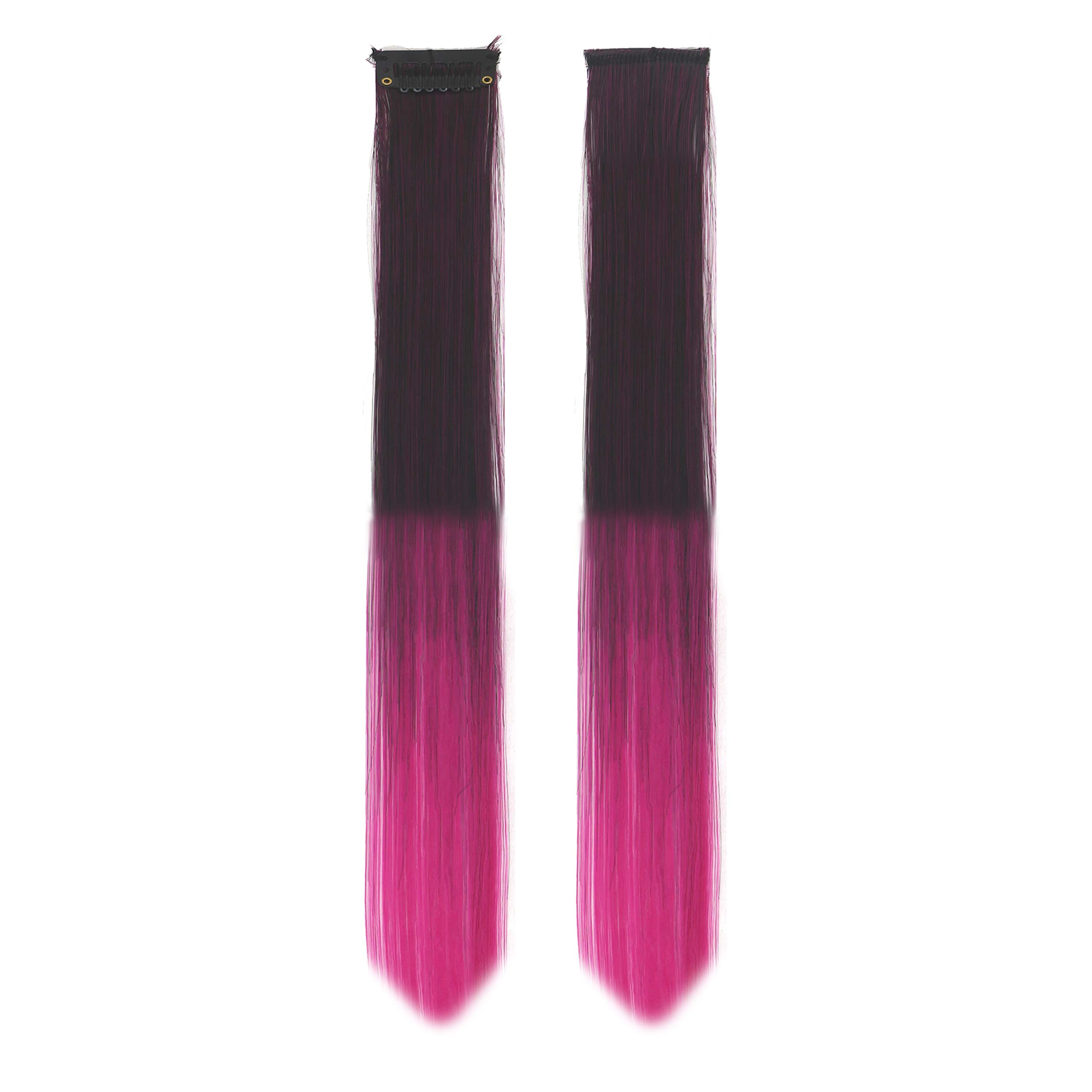 HEAVEN® 2-Piece Synthetic Straight Hair Extensions with Colored Streaks - Wine & Pink Highlights for Women & Girls | Perfect for Parties, Cosplay, and Daily Styling
