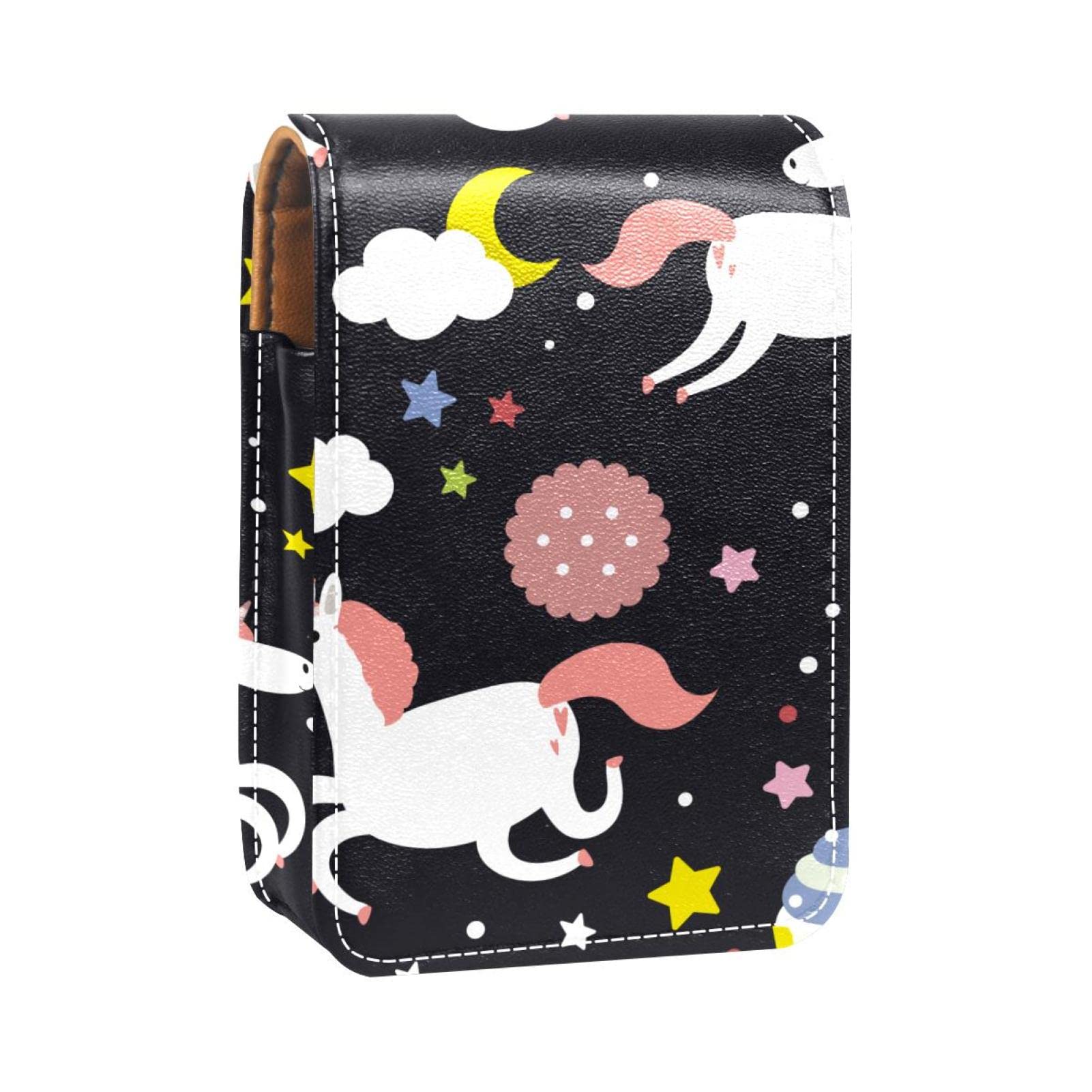 Personalized Lipstick Case - Portable Makeup Bag & Cosmetic Pouch Organizer for Lipsticks - Cute Unicorn Cupcake Stars Design on Black Background - Perfect for Travel, Home, and Gift Giving