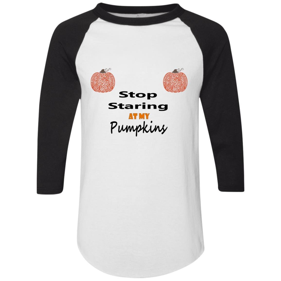 WineyBitches.Co Stop Staring At My Pumpkins Colorblock Raglan Jersey - Trendy Women's Fall Sweatshirt for Halloween, Thanksgiving & Cozy Seasonal Outfits