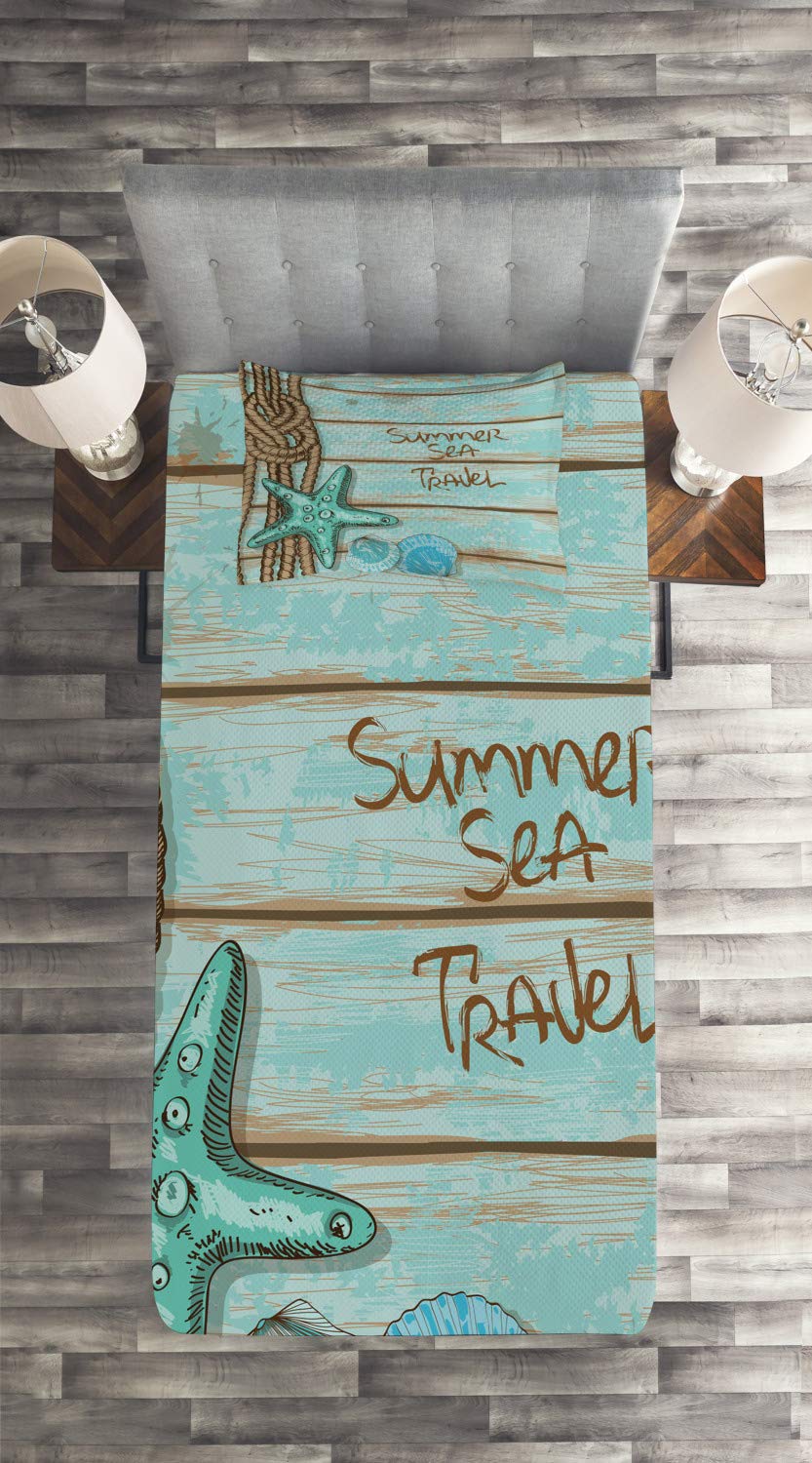 Ambesonne Starfish Quilt Set - 3 Piece Twin Size Bedspread with 2 Pillow Shams, Mint Green Turquoise Nautical Theme | Summer Beach Decor, Coastal Bedroom Style for Sea Travel Lovers