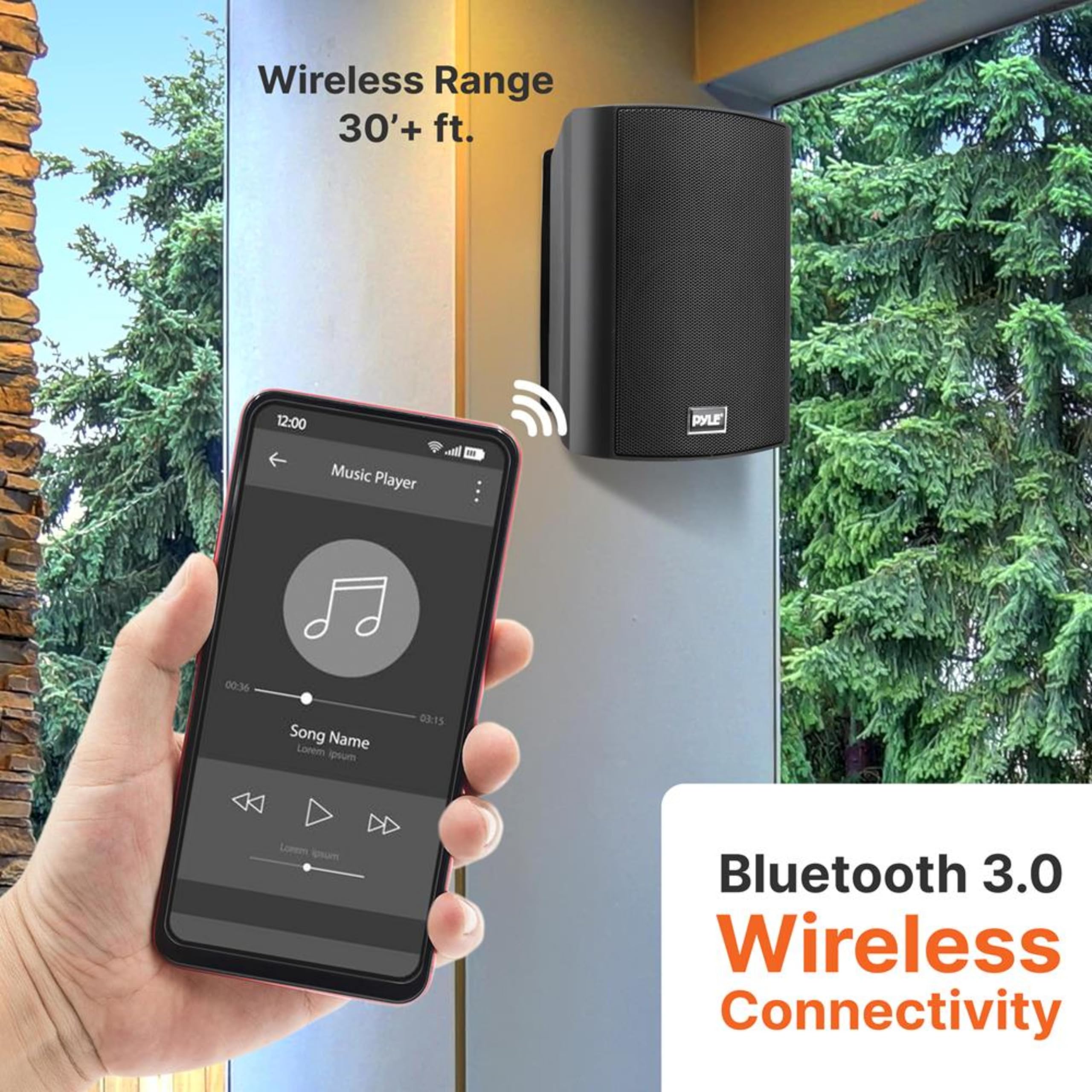 Pyle PDWR52BTBK 5.25 Inch Waterproof Wall Mount Bluetooth Speaker System - Indoor/Outdoor Wireless Stereo Sound Set with AUX Input (Black) - Perfect for Patio, Poolside, Garage and Backyard Entertainment