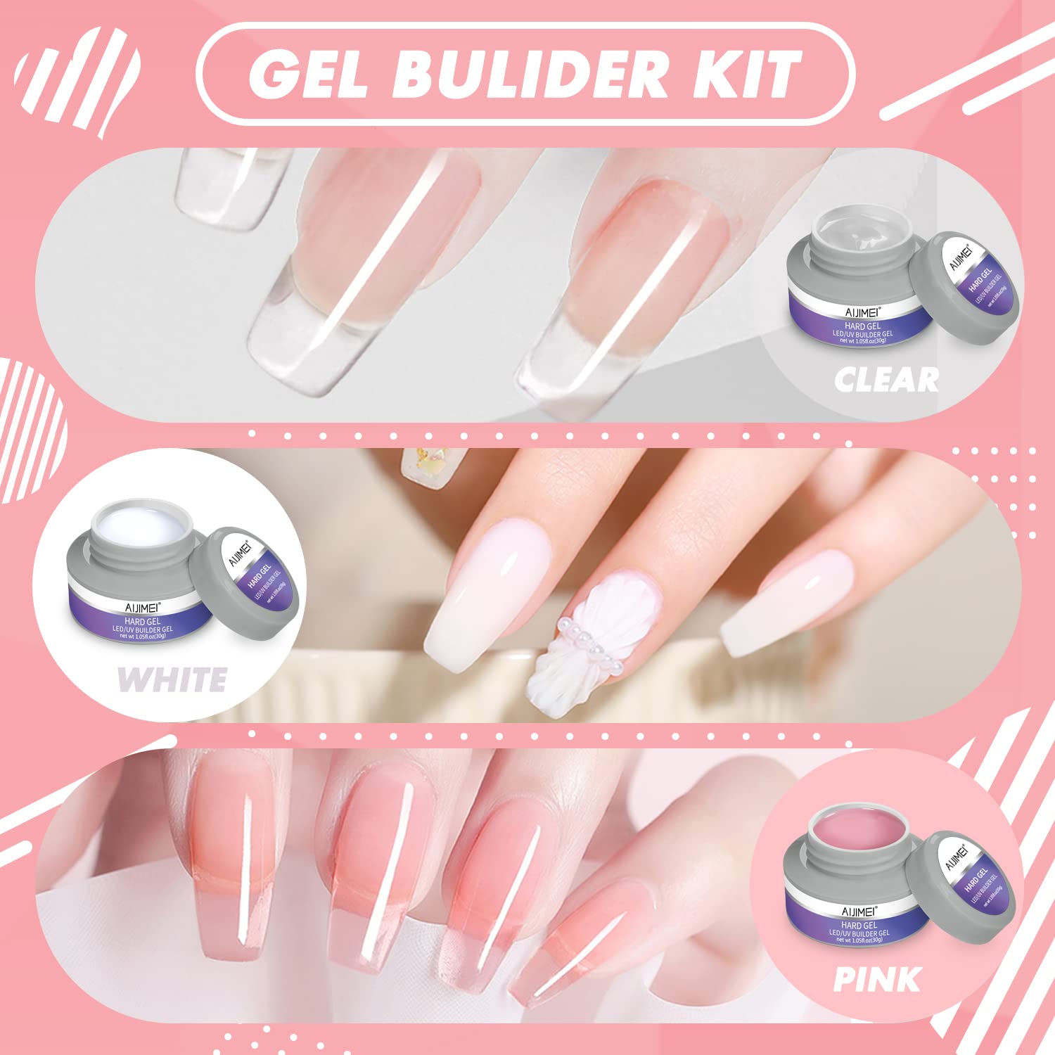 AIJIMEI Professional Hard Gel Builder Kit - Soak Off UV LED Nail Extension Gel for Strong & Long-Lasting Manicures - Perfect for Salon & Home DIY Nail Art (Set A)