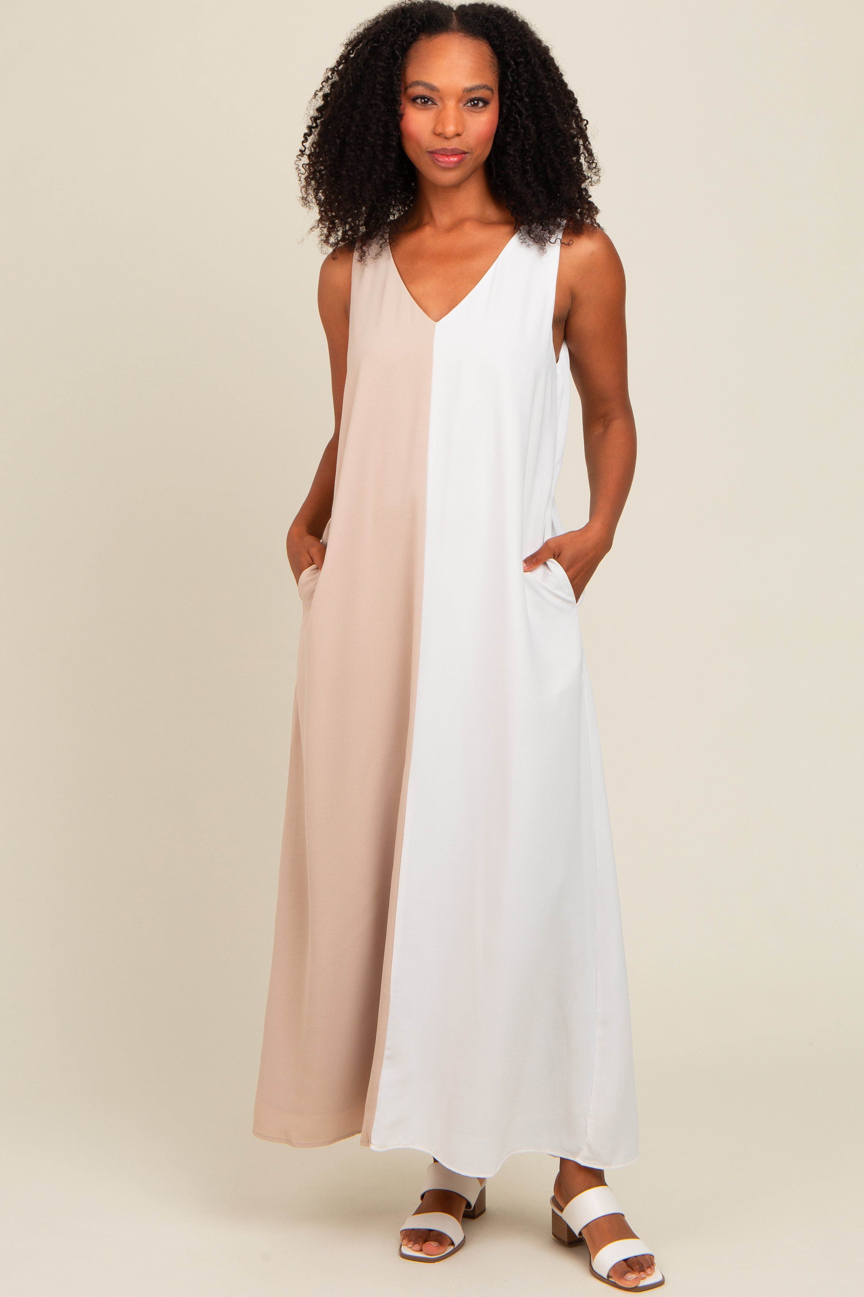 Beige Colorblock Midi Dress for Women - Elegant Two-Tone Knee-Length Dress for Casual Outings, Office Wear & Special Occasions