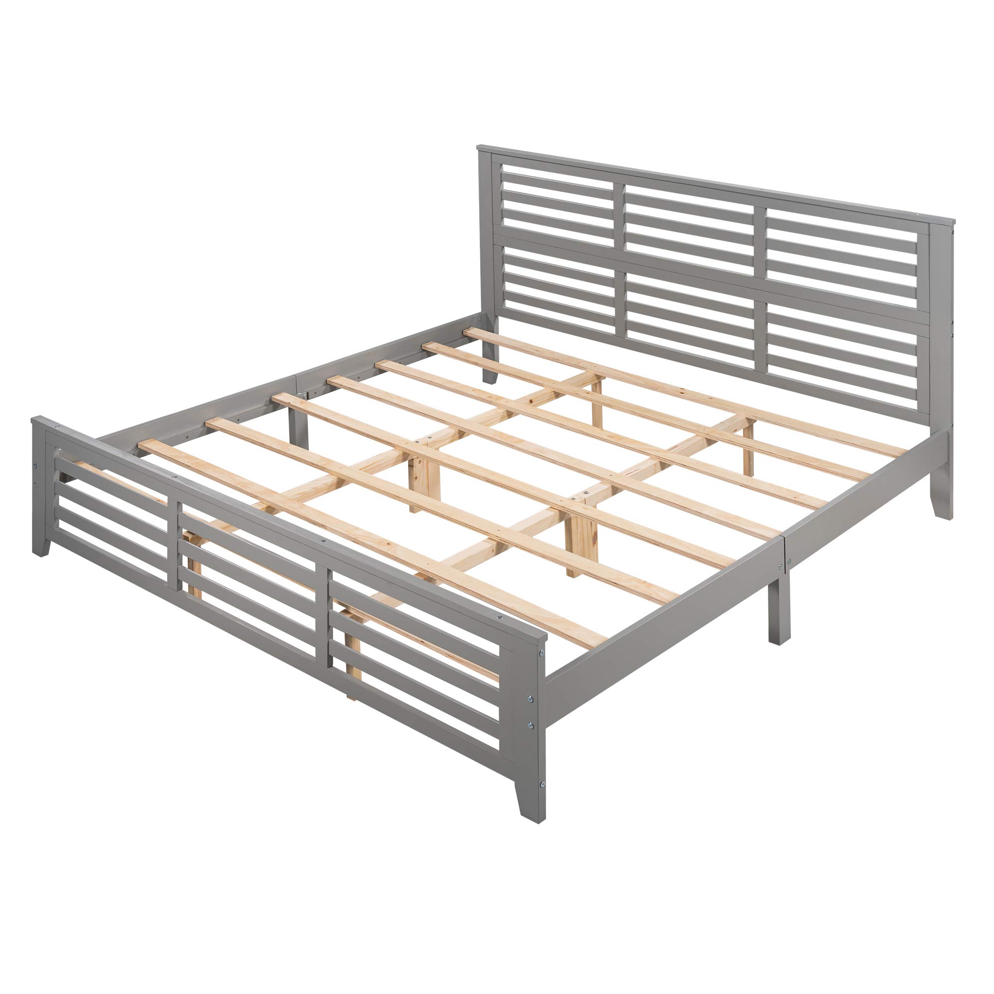 Modern Grey Wooden Platform Bed Frame - King Size with Wood Slat Support for Kids, Teens & Adults | Sturdy Bedroom Furniture for Master Bedroom, Guest Room & Dorm