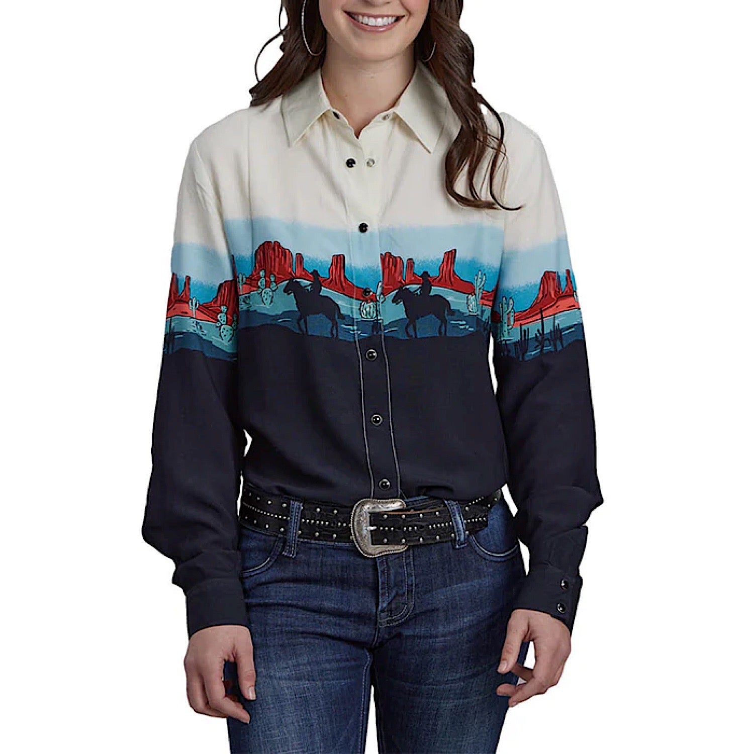 Roper Women's Five Star Collection Western Print Shirt - Stylish Floral Button Down Top for Cowgirl Fashion | Perfect for Rodeo, Country Concerts & Western Themed Parties (Navy/White)