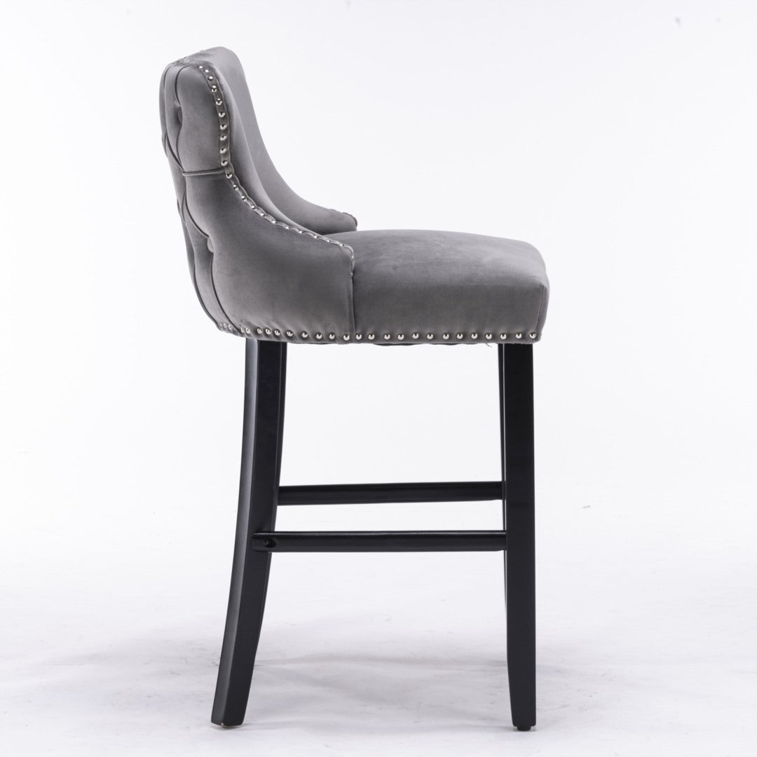 Velvet Upholstered Button Tufted Bar Stools with Wood Legs and Studs - Set of 2, Grey - Perfect for Kitchen Island, Breakfast Nook or Home Bar Decor