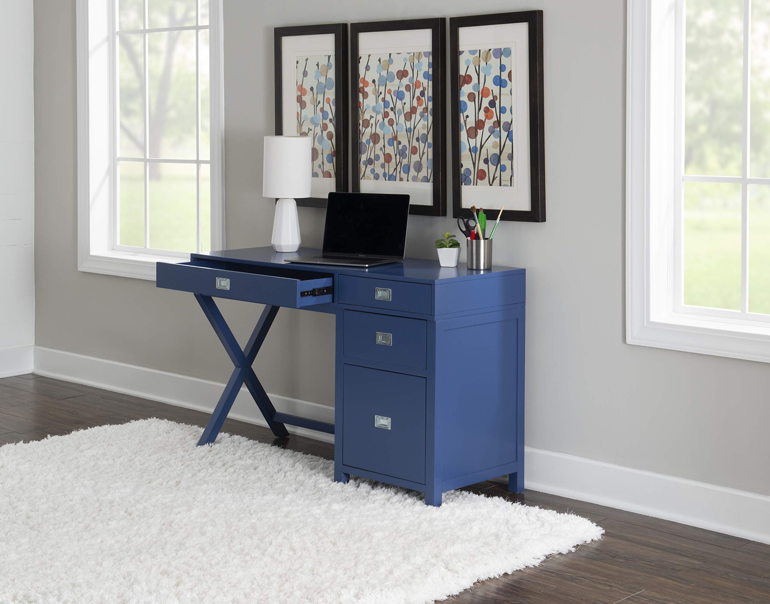 Linon Sadie Navy Blue Modern Classic Side Storage Desk - Stylish Home Office Furniture with Drawers for Organization | Perfect for Small Spaces, Dorm Rooms & Workspaces