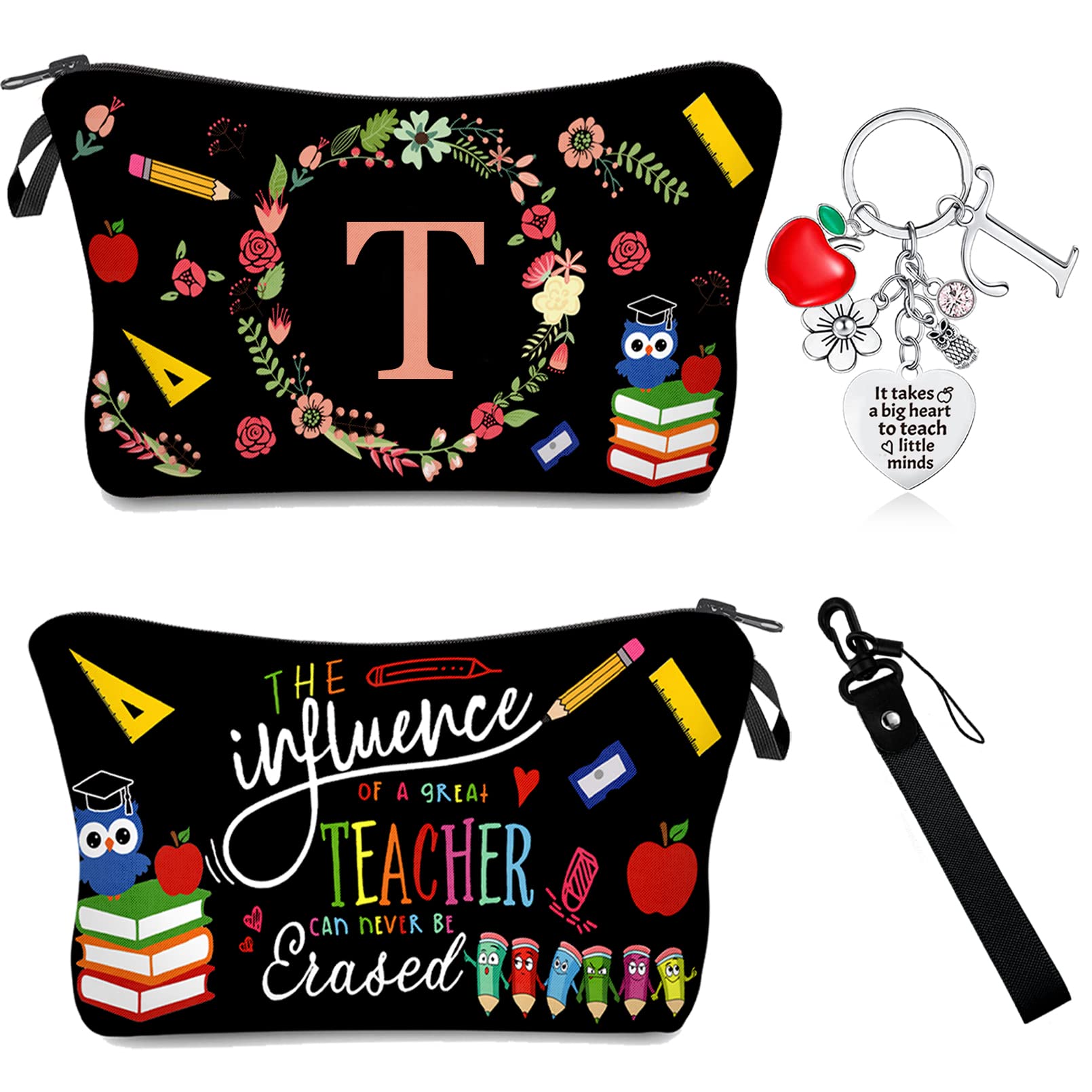 Personalized Teacher Appreciation Gifts - Custom Initial Keychain & Makeup Bag with Wrist Strap - Perfect Thank You Graduation Gift for Women Educators - Ideal for Classroom Use, Teacher's Lounge & Everyday Carry