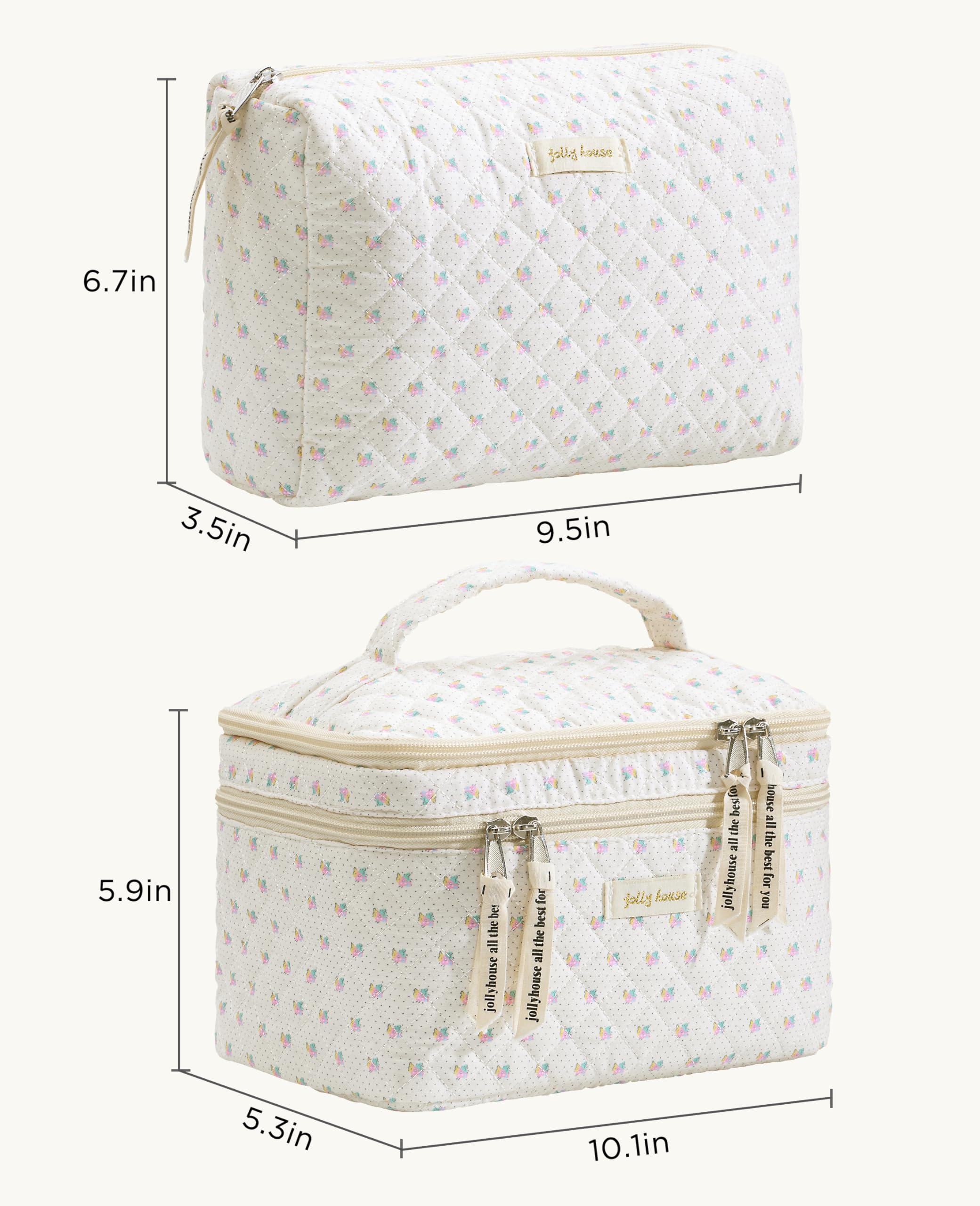 HBselect 2Pcs Double Layer Travel Makeup Bag for Women - Large Quilted Cosmetic Organizer with Cherry Print, Cute Kawaii Toiletry Bag for Girls | Perfect for Vacation, Gym & Daily Essentials Storage
