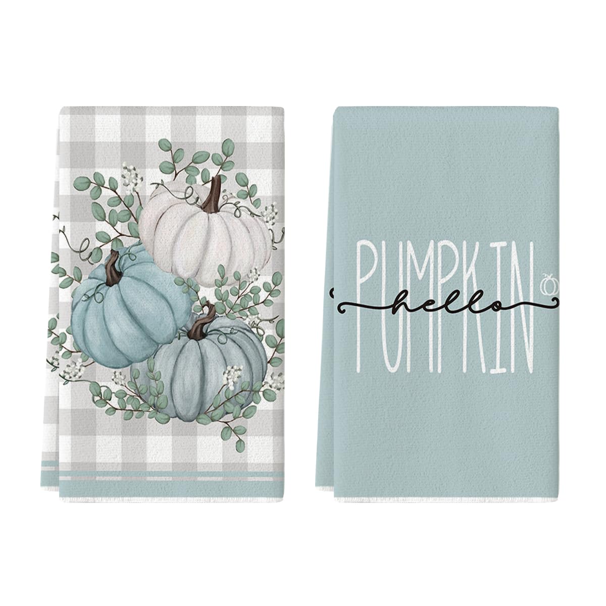 Artoid Mode Fall Kitchen Towels Set of 2 - 18x26 Inch Autumn Harvest Dish Towels with Pumpkin & Eucalyptus Leaves Design - Perfect for Thanksgiving Decor, Holiday Dish Drying, and Seasonal Home Decor