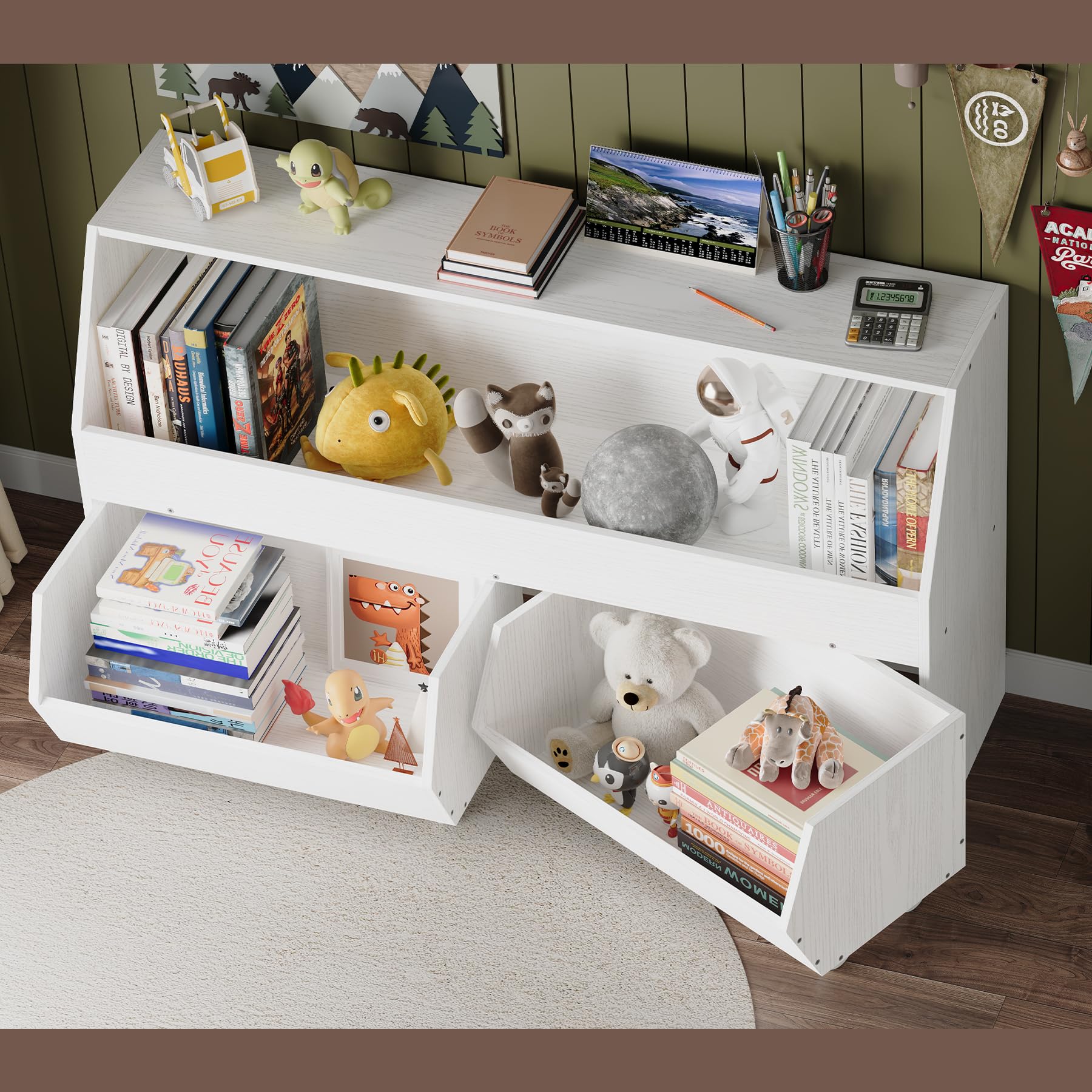 Kids Bookshelf Toy Storage Organizer - Multi-Functional Bookcase with Moveable Drawers for Boys & Girls - Toddler Storage Cabinet in Oak Finish - Perfect for Bedroom, Playroom & Nursery Organization
