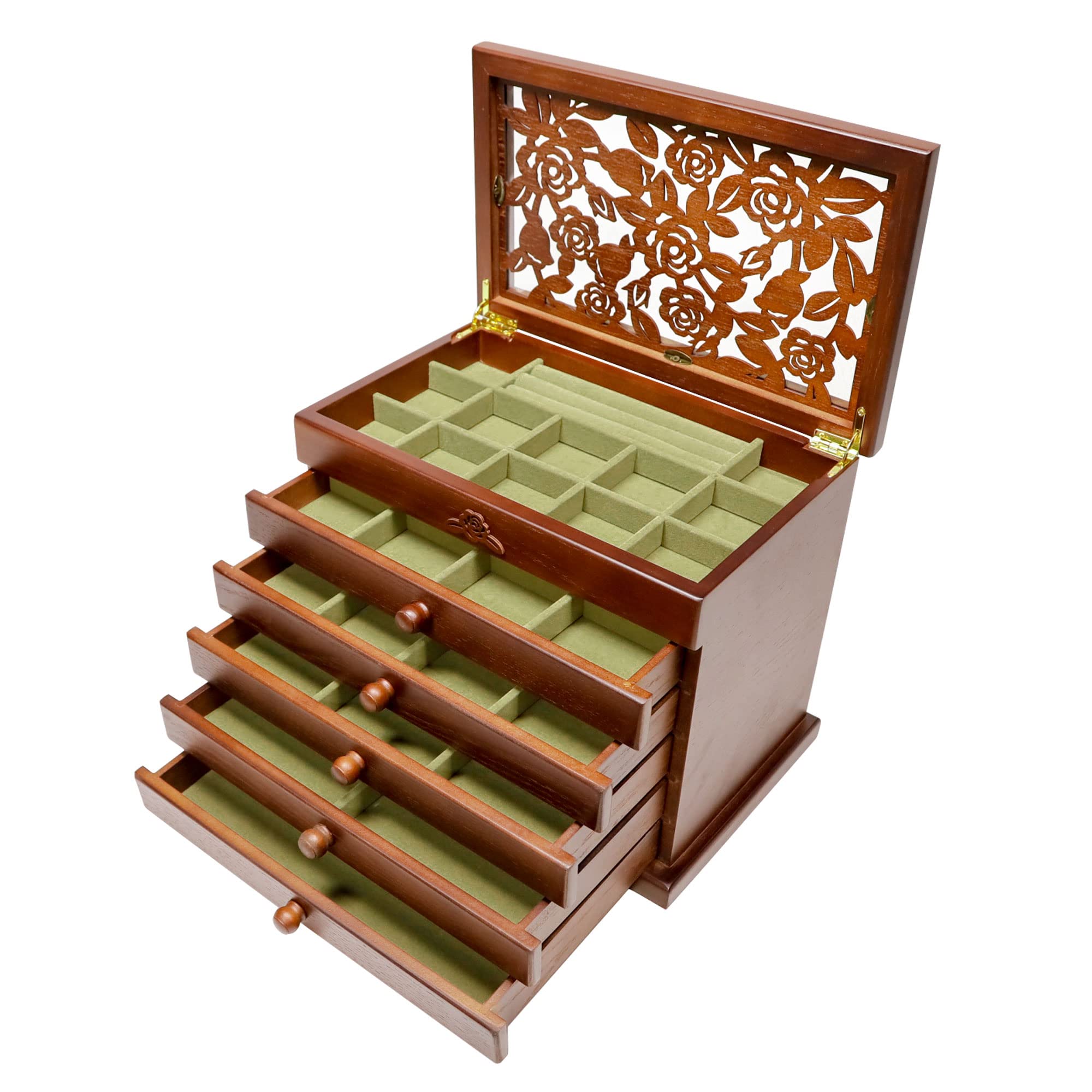Elegant Wooden Jewelry Box for Women - Rose Leaf Pattern Jewelry Organizer with Storage Compartments for Earrings, Rings, Necklaces & Bracelets | Perfect Mothers Day Gift, Womens Day Present & Jewelry Storage Solution | Great for Home Decor, Travel & Gift Giving
