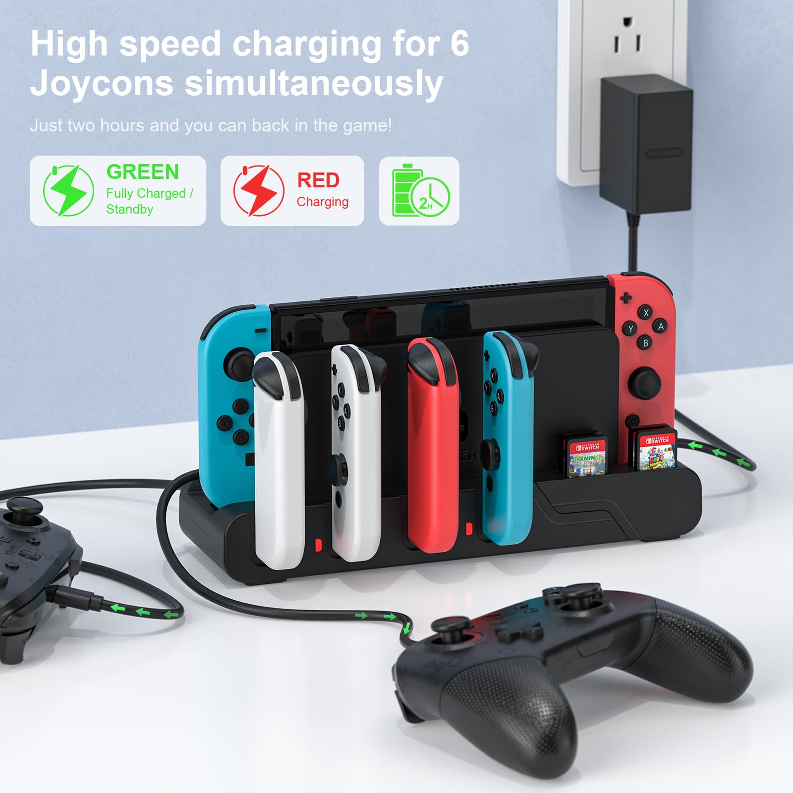 MLIFEMFUL Switch Joycon Charging Dock - 6-Port Fast Charger for Nintendo Switch & OLED Model Joycons with Game Card Storage | Perfect for Gaming Parties, Travel & Multiplayer Sessions