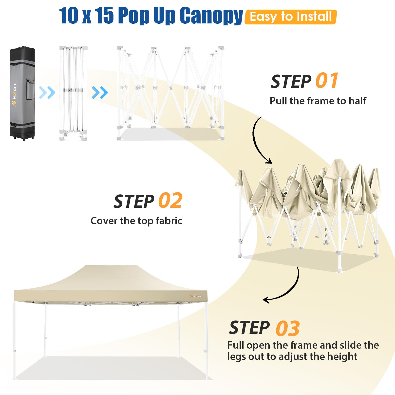 HOTEEL 10x15 Pop Up Canopy Tent - Heavy Duty Hexagonal Frame Gazebo for Outdoor Events, Weddings & Commercial Use | Easy Setup with Roller Bag & Sand Bags | Perfect for Parties, Picnics, Markets & Beach (Khaki)