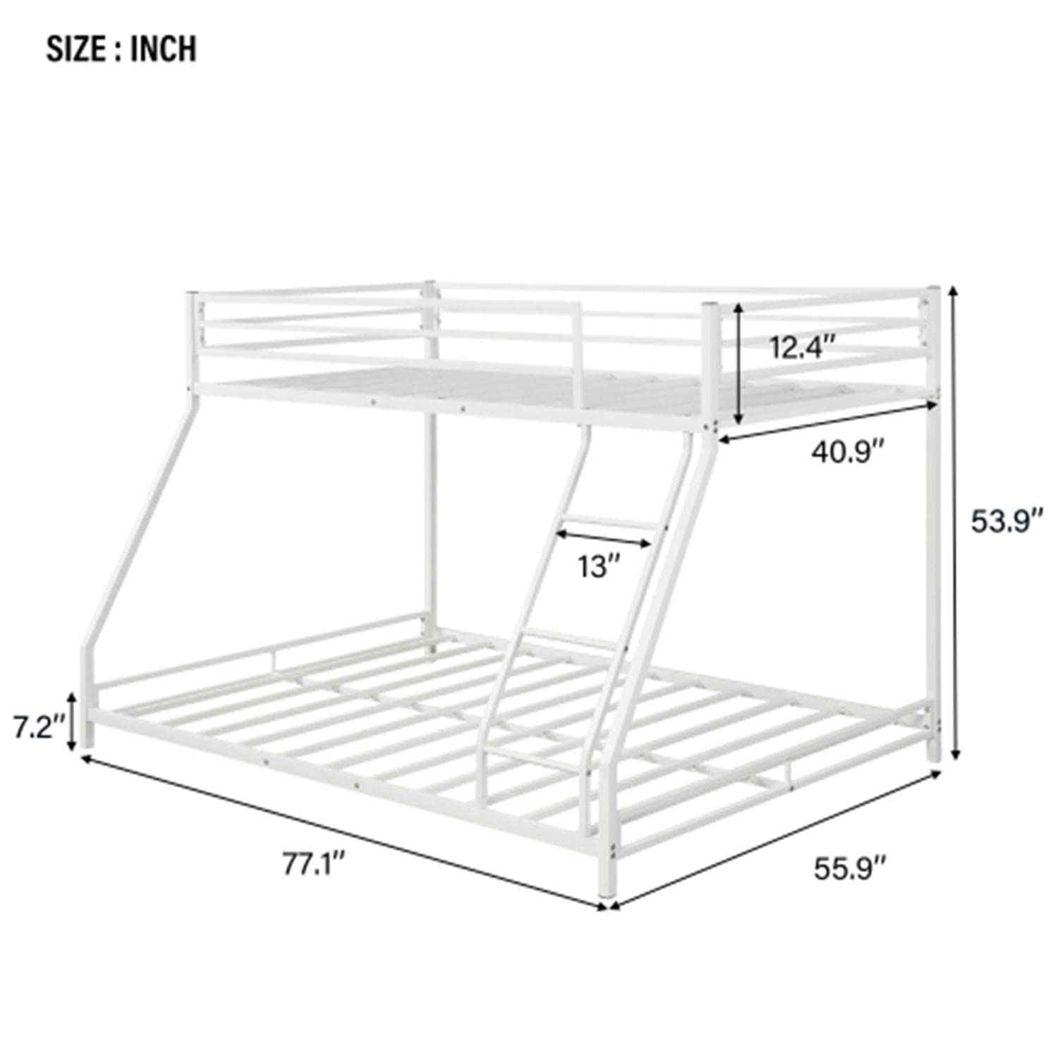 White Metal Twin Over Full Bunk Bed Frame with Sloping Ladder & Safety Guardrails - Sturdy Space-Saving Bunk Bed for Kids, Teens, Guest Rooms & Small Spaces