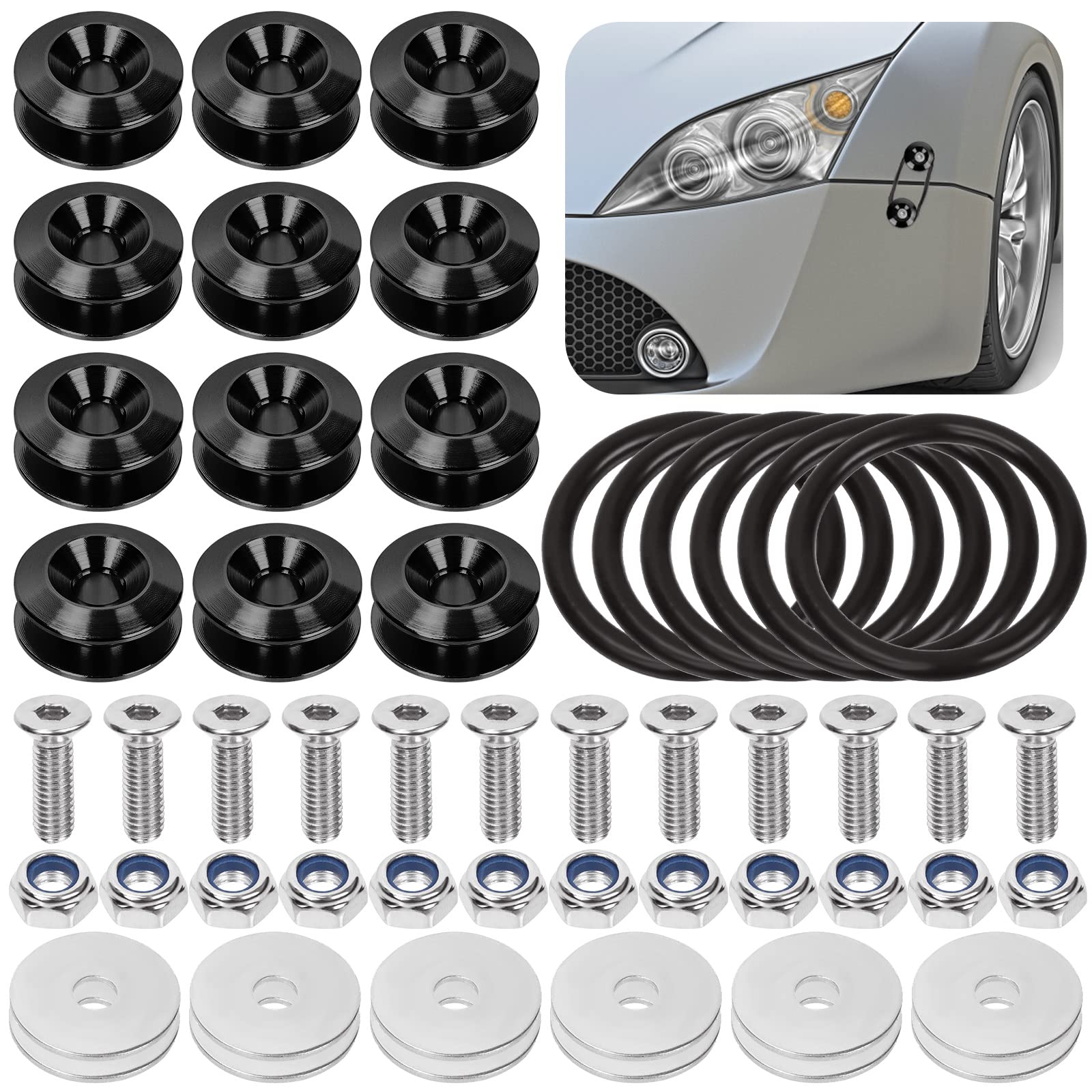 Swpeet 54Pcs Universal Black Quick Release Fastener Kit - 3 Pairs Aluminum Bumper Clips for Car Front Rear Bumper & Trunk Fenders | Durable Auto Body Fasteners for Easy Installation & Maintenance | Perfect for DIY Car Repairs & Custom Modifications