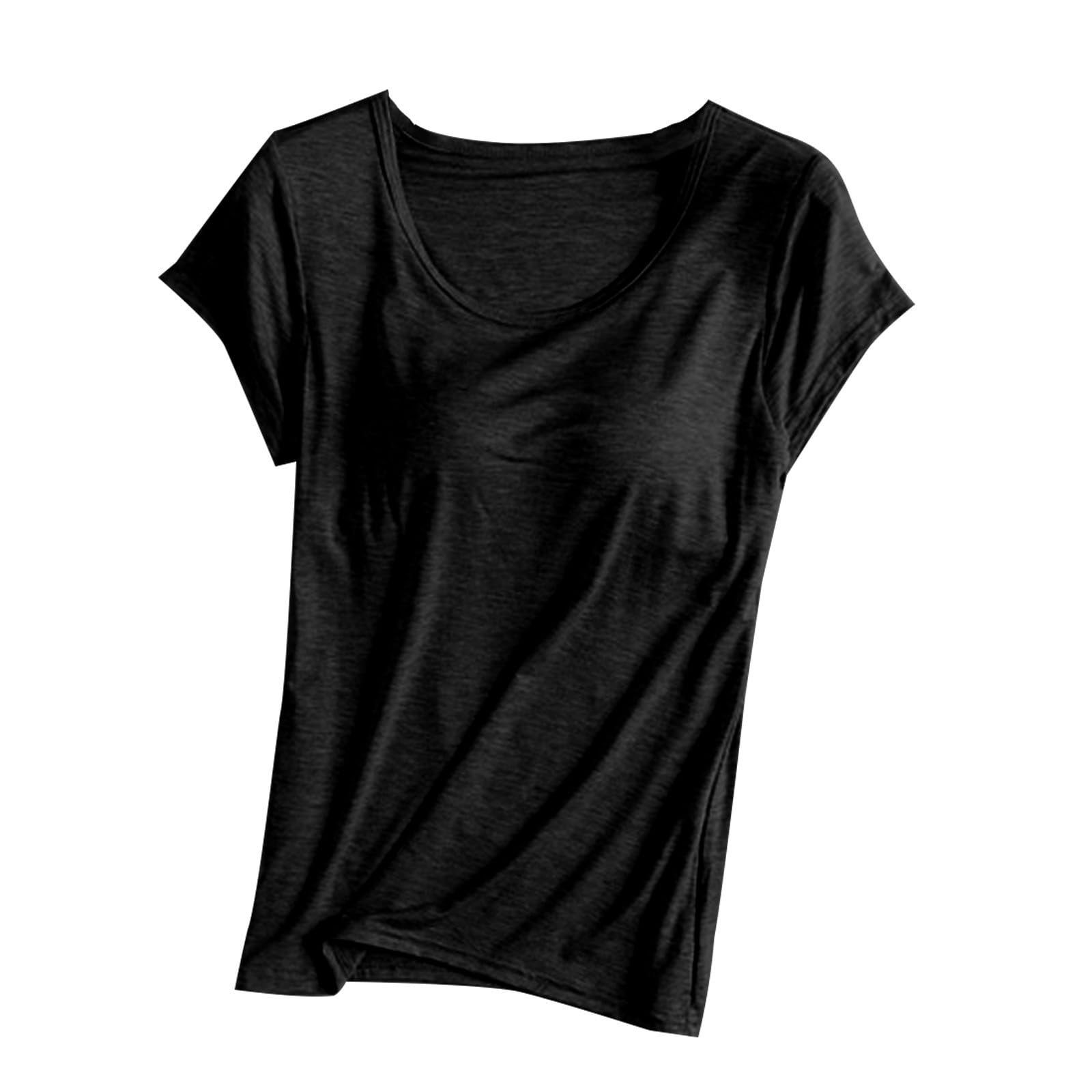 Women's Modal Short Sleeve Shirts with Built-in Bra - Comfortable Padded Yoga Tops & Undershirts for Workouts, Lounge & Everyday Wear