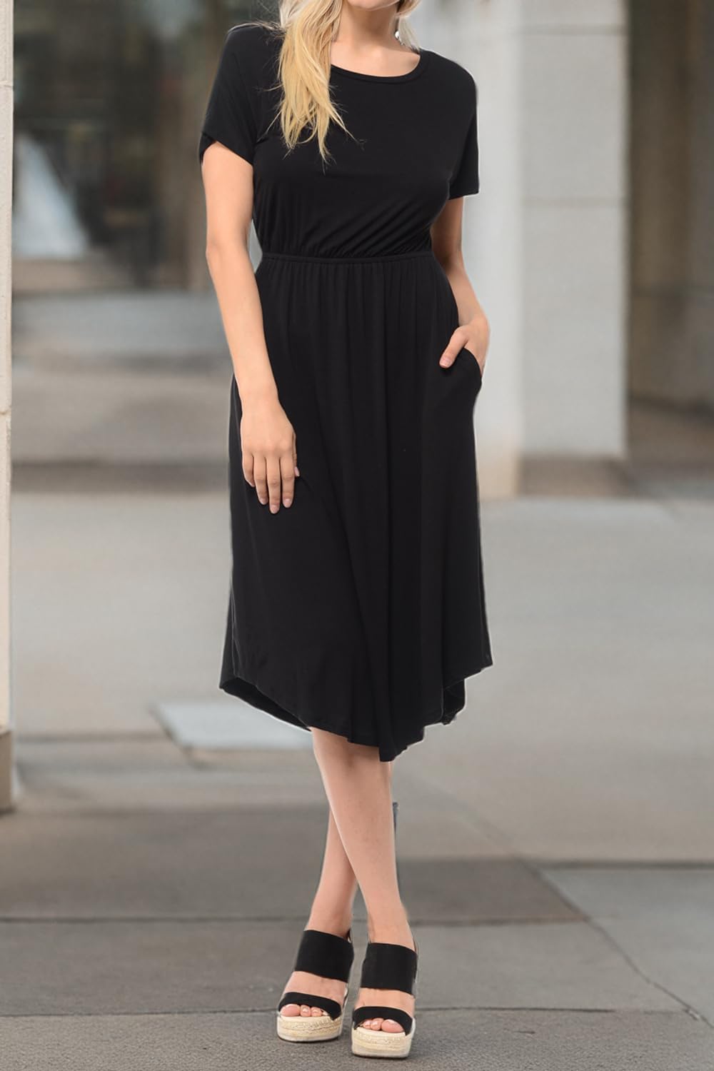 Iconic Luxe Women's Short Sleeve Flare Midi Dress with Pockets - Elegant Casual Summer Dress for Brunch, Beach & Date Night