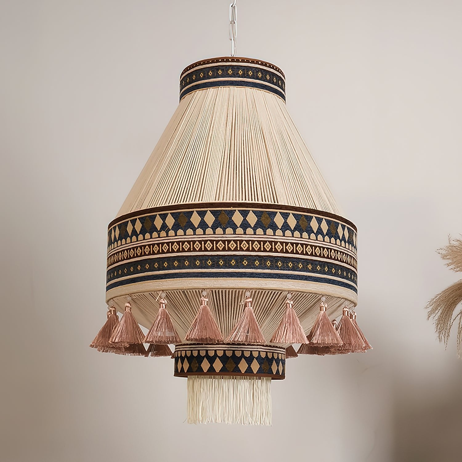 Bohemian Fringe Pendant Lamp - Handmade Rattan Hanging Light Fixture for Living Room, Bedroom, or Patio Decor | Boho Chic Ceiling Lighting for Home & Cafe
