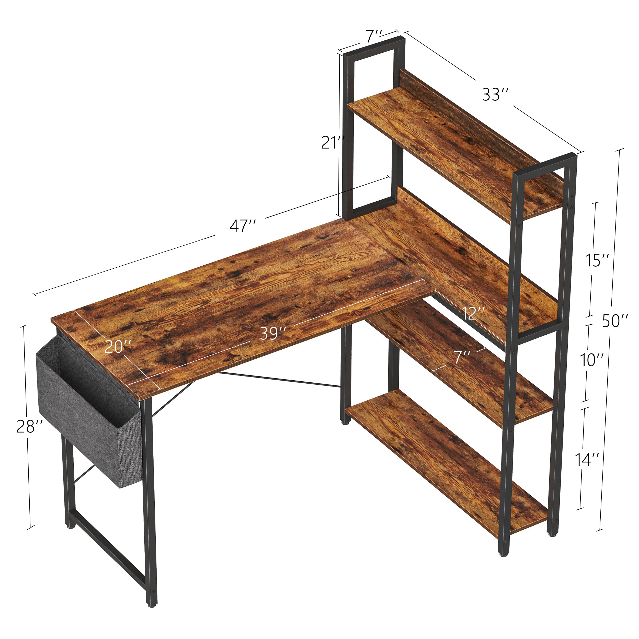 **Treesland 47 Inch L-Shaped Computer Desk with Bookshelf & Storage - Home Office Corner Desk for Study, Writing & Work - Perfect for Bedroom, Office & Small Spaces (Brown)**