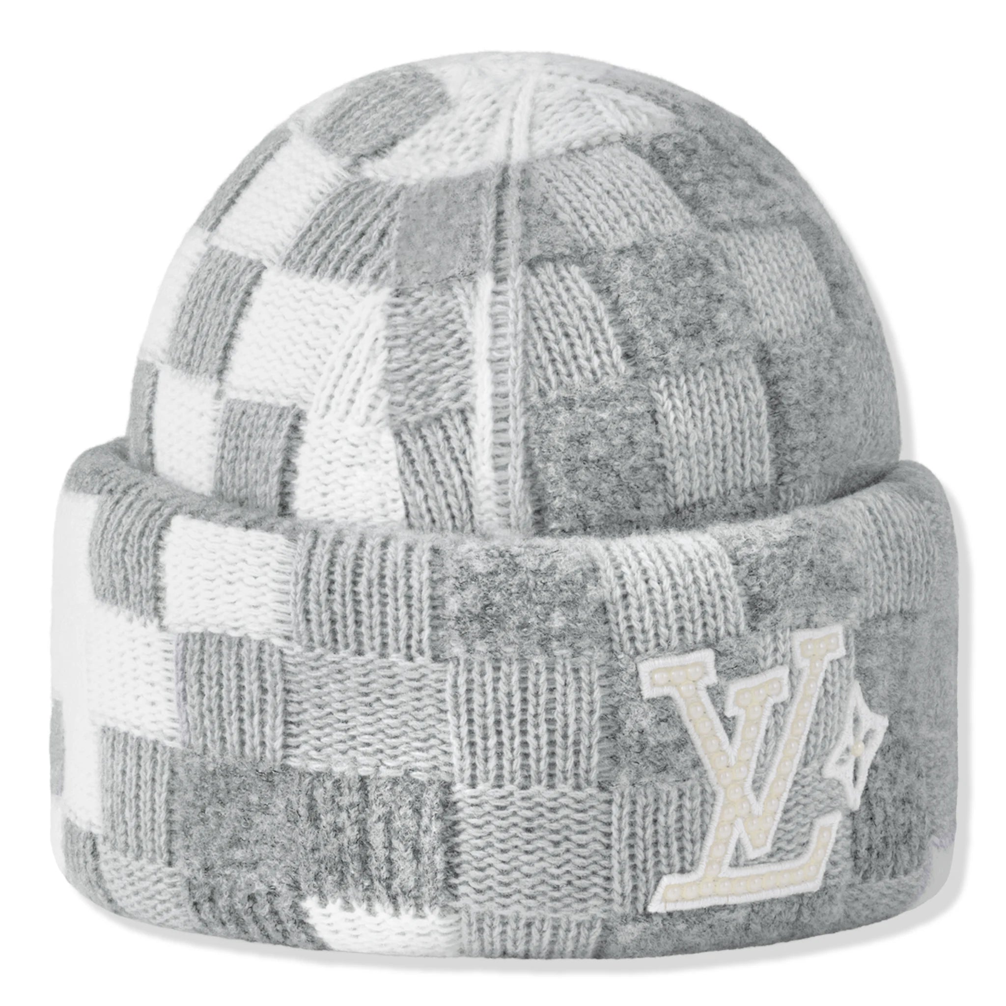 Louis Vuitton Damoflage Pearls Crush Reversible Light Grey Beanie Hat - Luxury Winter Accessory for Women, Fashionable Unisex Design for Cold Weather & Street Style