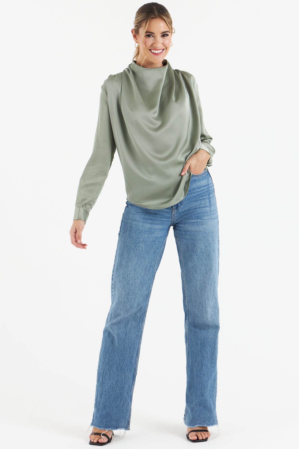 Gala Satin Blouse for Women - Elegant Olive Green Silk Shirt with Long Sleeves - Perfect for Office Wear, Party Outfits & Special Occasions