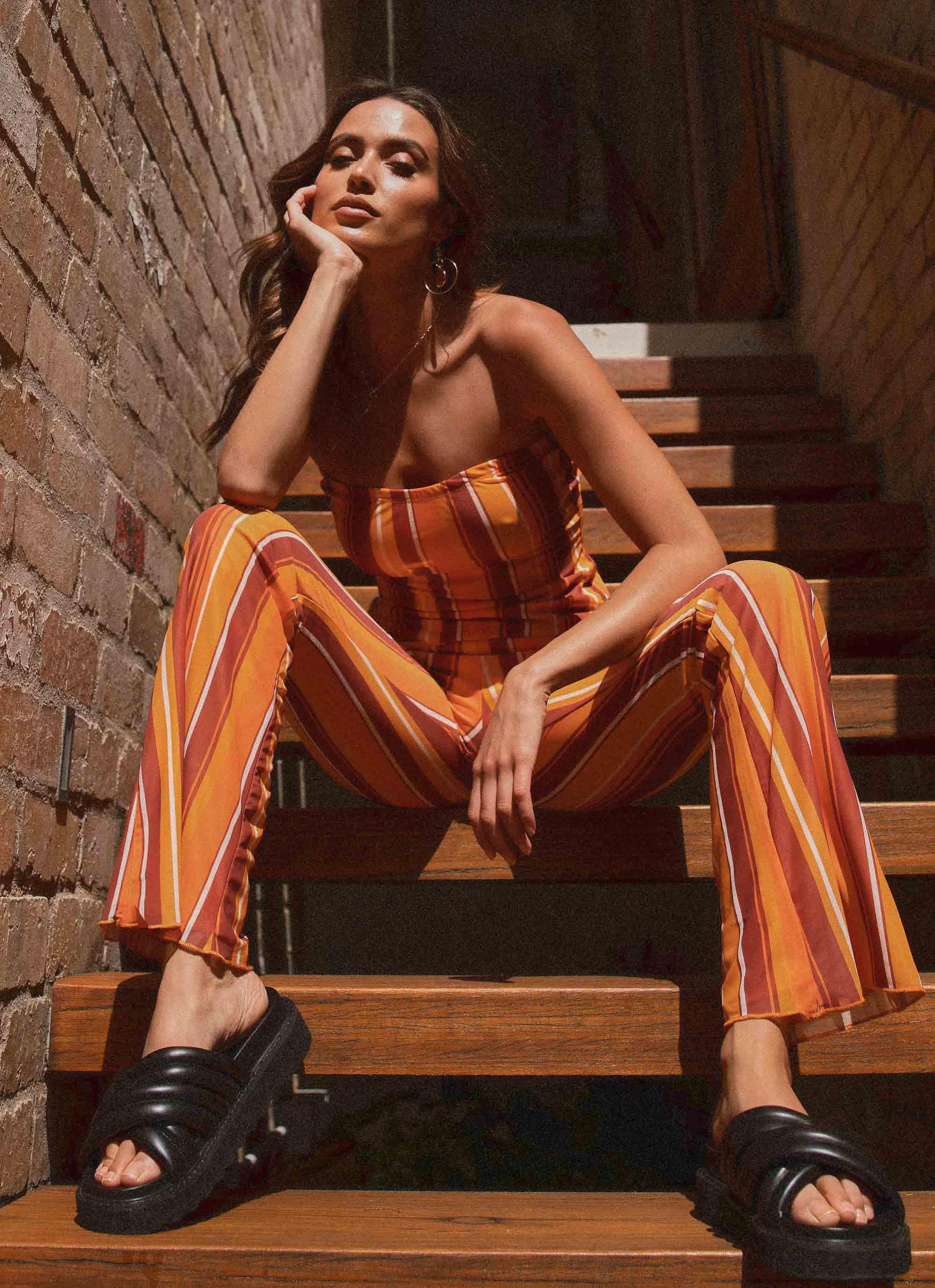 Golden Hour Stripe Pants - Women's High Waisted Casual Trousers for Sunset Photography, Beach Walks & Evening Outfits