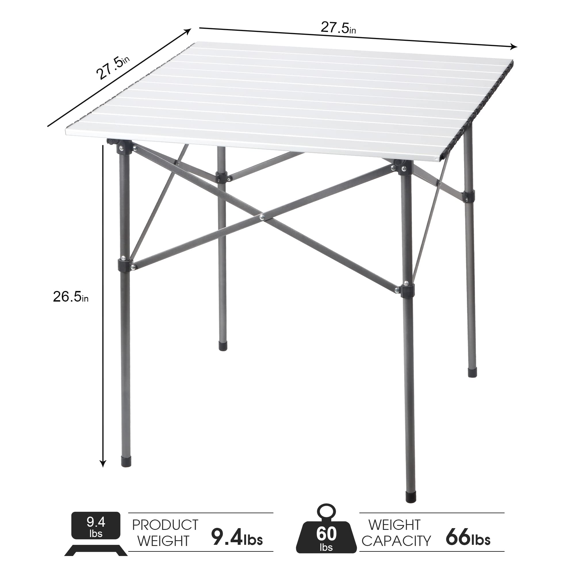 Lightweight Aluminum Folding Square Table with Roll Up Top - Portable 4 Person Compact Table with Carry Bag for Camping, Picnic, Backyard, BBQ - Perfect for Outdoor Adventures, Tailgating & Small Gatherings (White)
