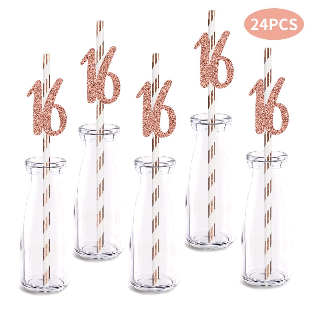 Rose Gold Glitter 16th Birthday Party Straws - 24pcs Cut-Out Number 16 Drinking Decorations for Sweet 16 Celebrations, Girls' Birthday Parties & Special Occasions
