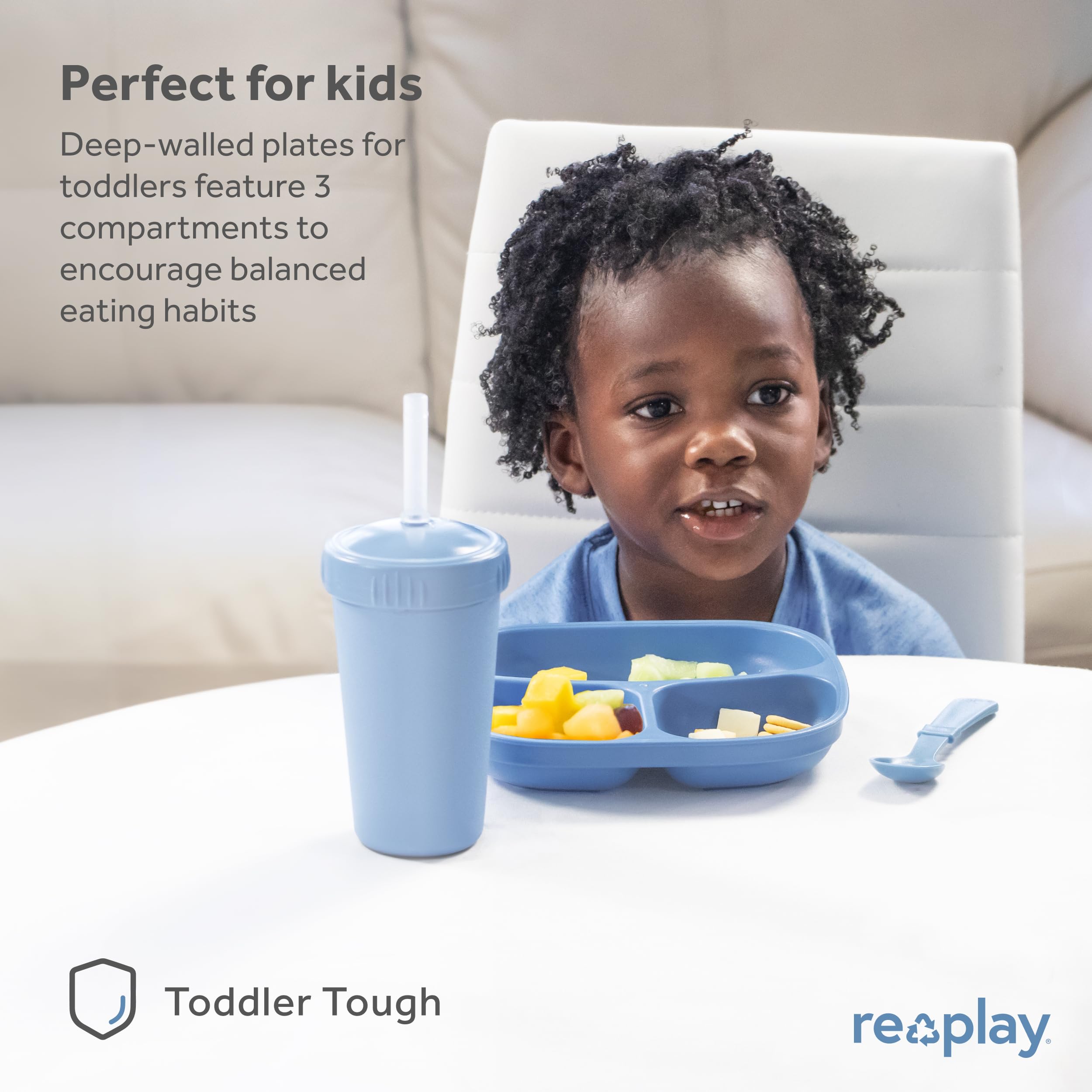 Re-Play USA Made 3-Compartment Kids Plates - Pack of 4 | Durable Divided Toddler Plates 7.37
