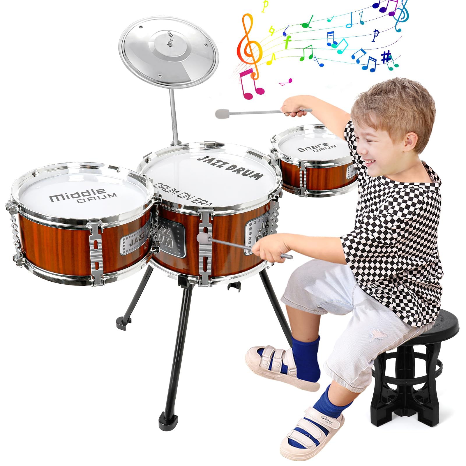 Kids Drum Set - 3-Piece Jazz Drum Kit with Stool for Toddlers Ages 3-5 | Musical Percussion Instrument Toy for Boys & Girls | Perfect Birthday Gift for 3-5 Year Olds | Indoor Playroom & Preschool Music Activity