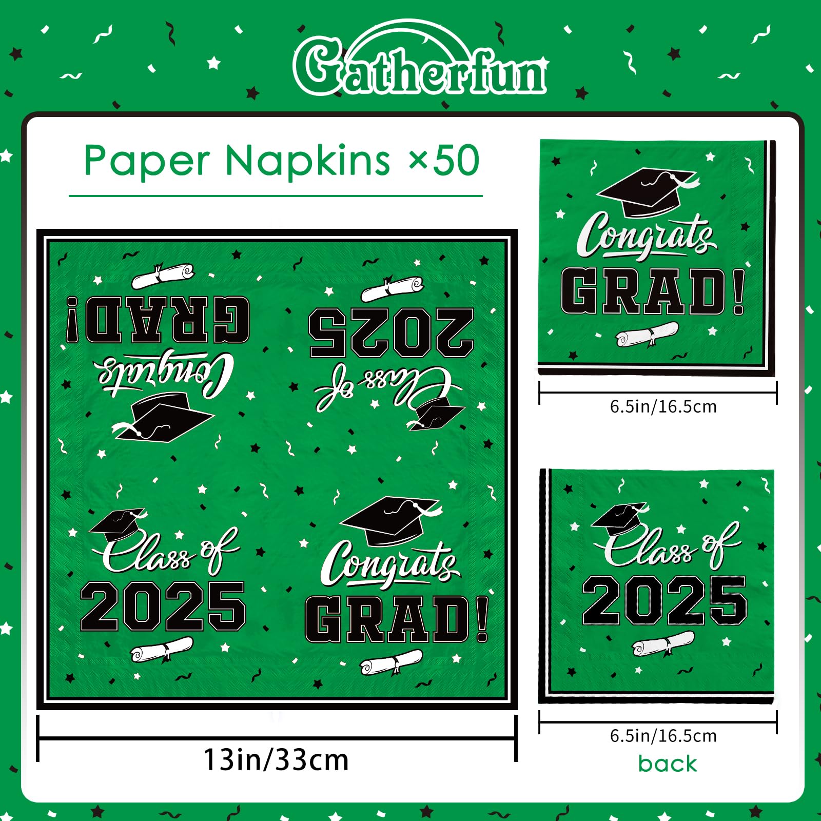 Gatherfun Graduation Party Disposable 3-Ply Paper Napkins - 50 Pack Green - Perfect for College & High School Graduation Celebrations, Decorations & Party Supplies