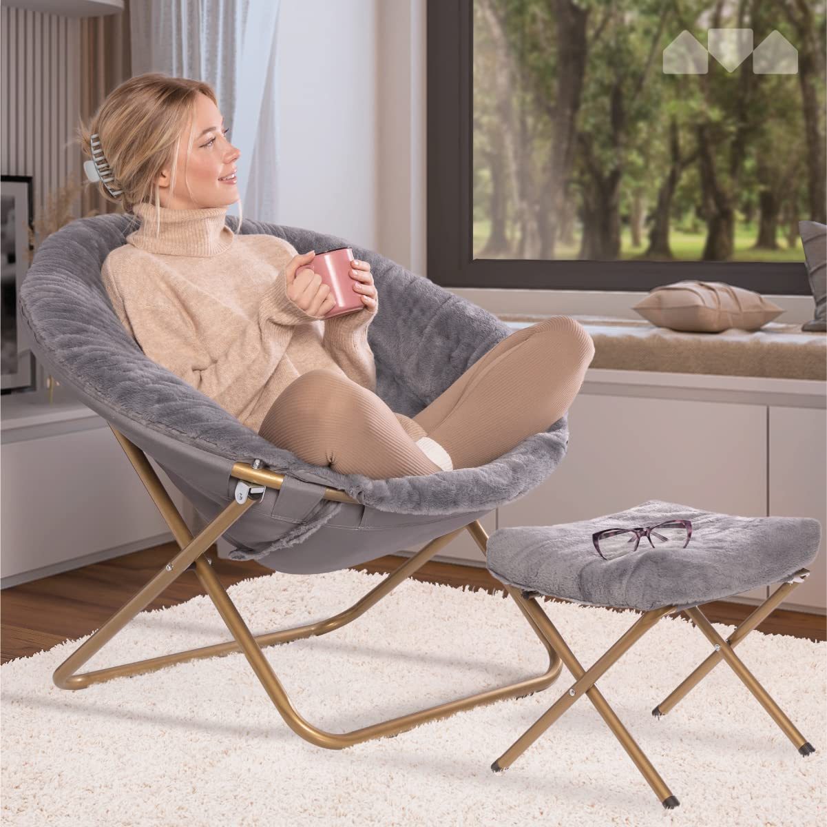 Milliard Extra Large Cozy Chair with Footrest Ottoman - Faux Fur Saucer Chair for Bedroom, Living Room & Dorm - Grey - Perfect for Relaxing, Reading & Lounging