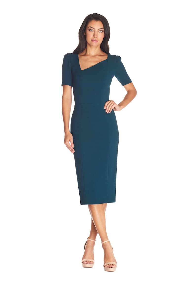 Dress the Population Women's Ruth Short Puff Sleeve Asymmetrical Neckline Bodycon Midi Dress - Elegant Party, Cocktail & Evening Wear for Women
