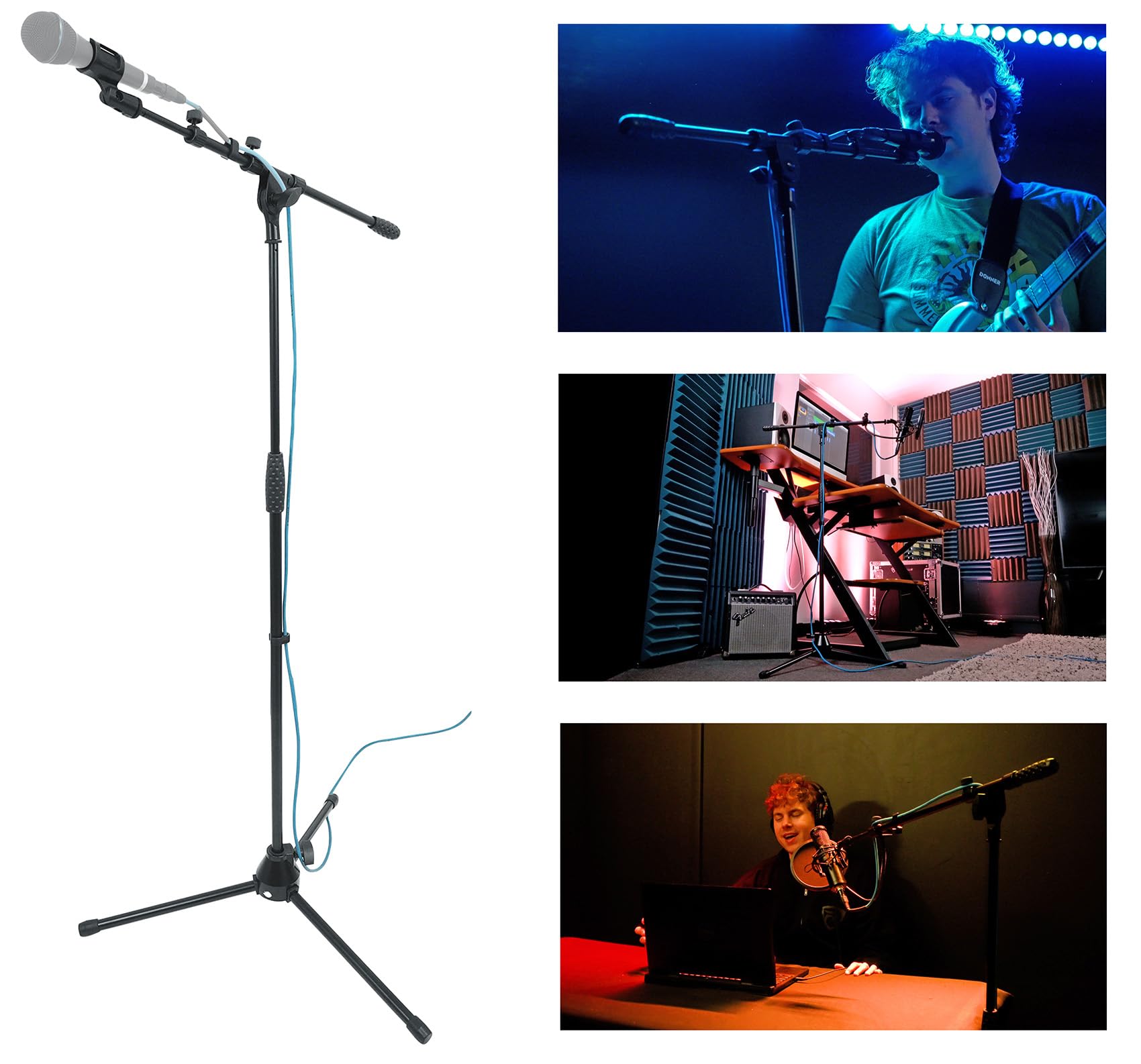 Rockville Professional Microphone Stand with Boom Arm, Tripod Base & 360° Swivel Smartphone Mount - Perfect for Podcasting, Live Streaming & Home Studio Recording