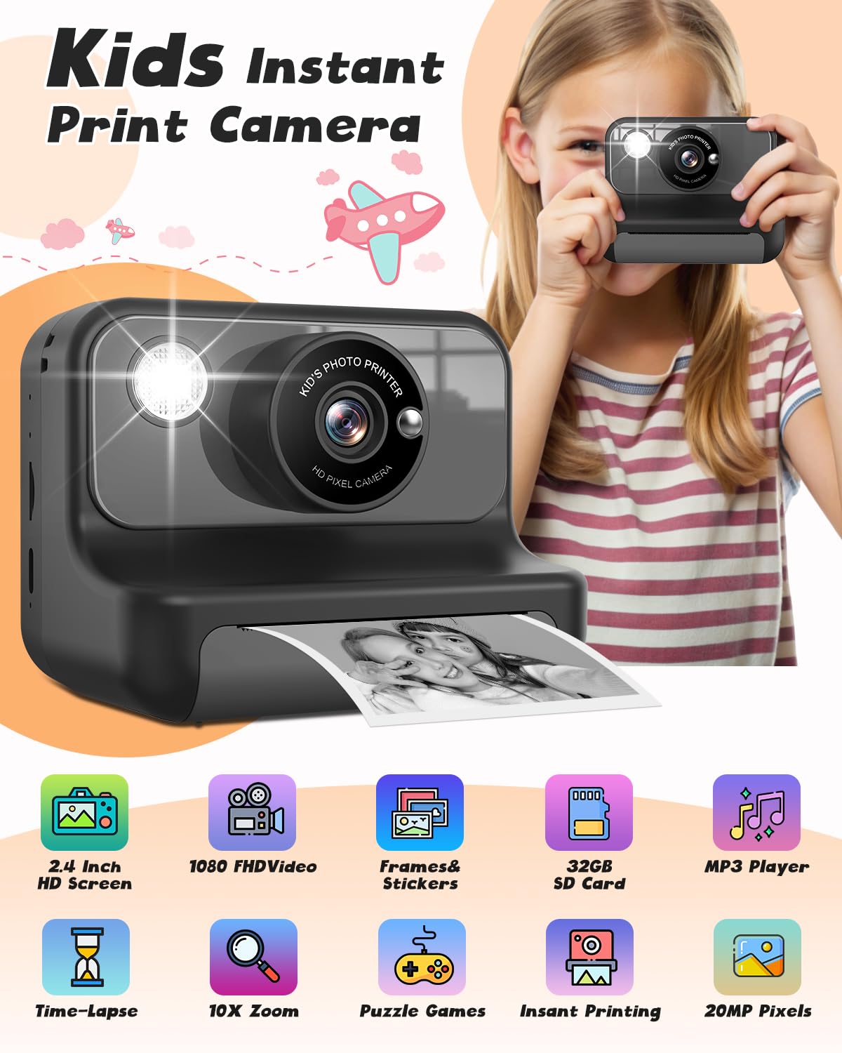 **Instant Print Camera for Kids - 1080P HD Video & Photo Printing Toy, Best Christmas Birthday Gift for Girls Boys Age 3-12 (Black) - Perfect for Parties, Travel & Creative Play**