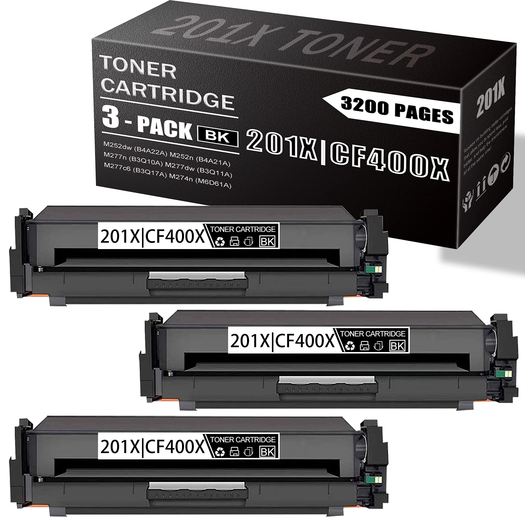 3-Pack Black High-Yield Toner Cartridge Replacement for HP M252dw M252n M277n M277dw M277c6 M274n Printers - Compatible with HP CF400X (B4A22A, B4A21A, B3Q10A, B3Q11A, B3Q17A, M6D61A) - Ideal for Office & Home Printing Needs